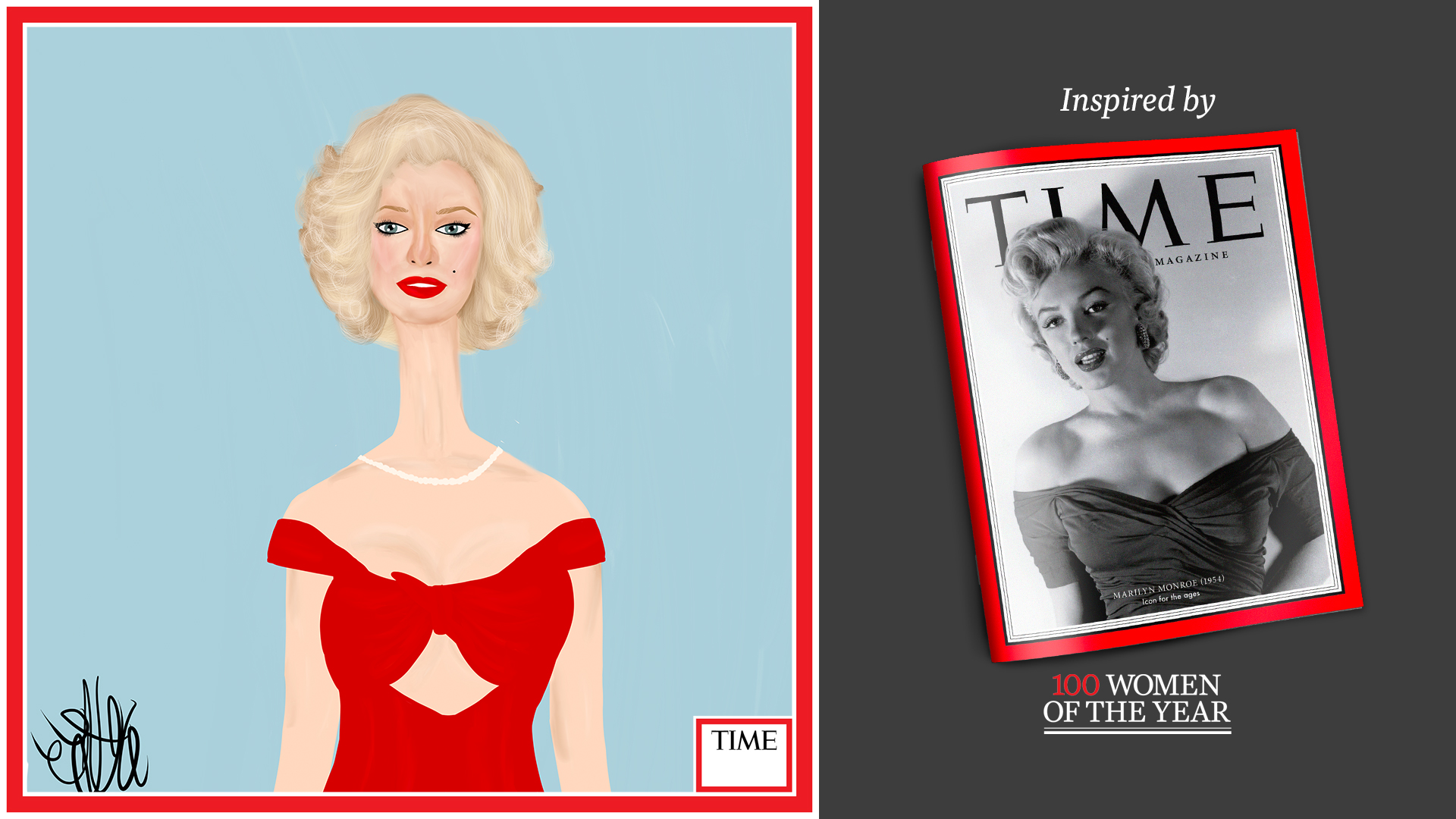 Left: Marilyn Monroe by Nyla Hayes (red border, custom background) Right: TIME Cover 1954