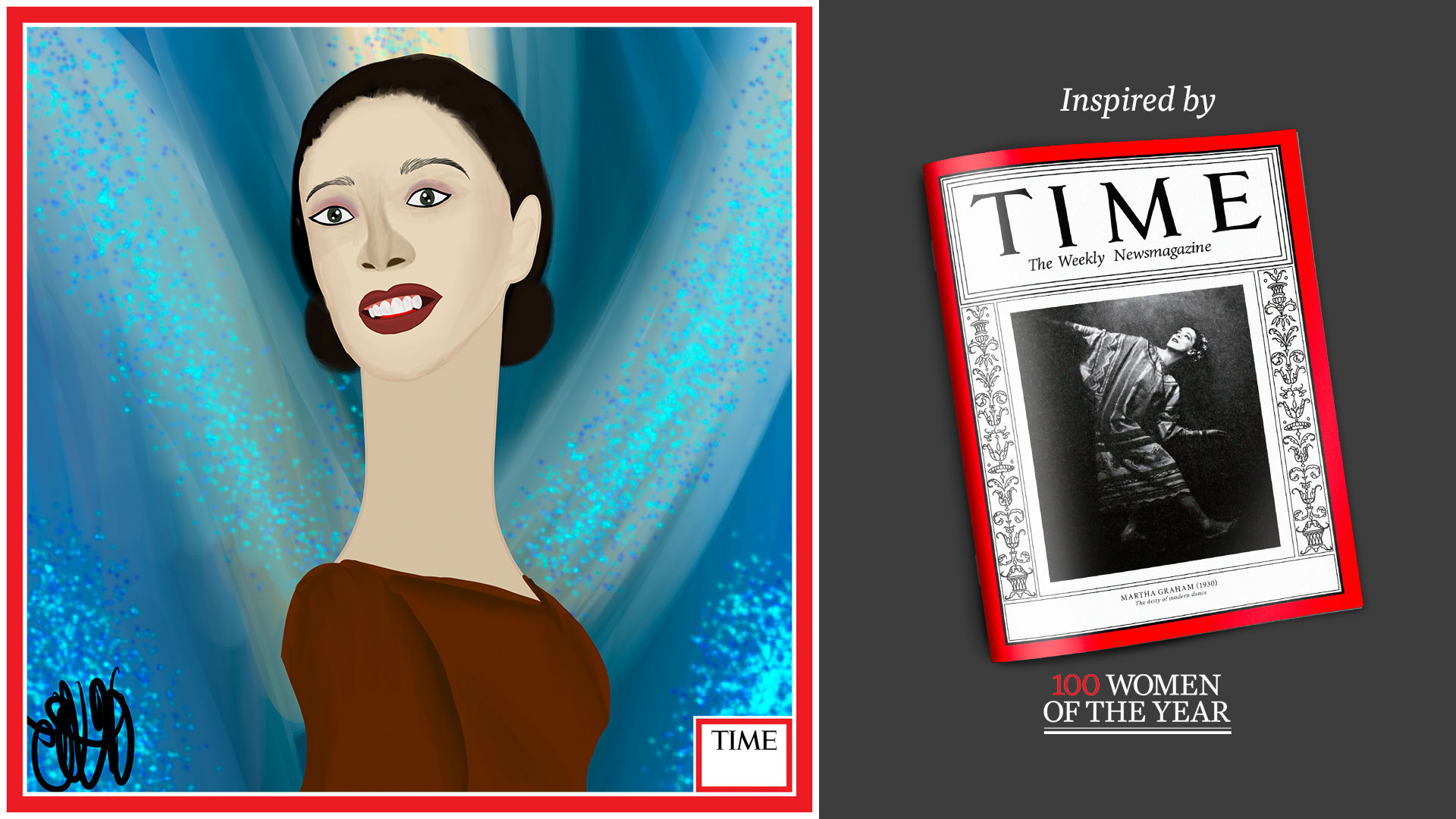 Left: Martha Graham by Nyla Hayes (red border, custom background) Right: TIME Cover 1930