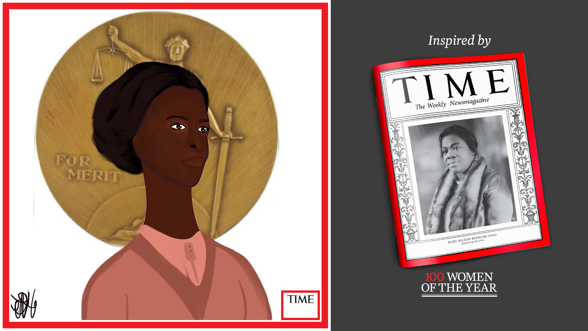 Left: Mary McLeod Bethune by Nyla Hayes (red border, custom background) Right: TIME Cover 1934