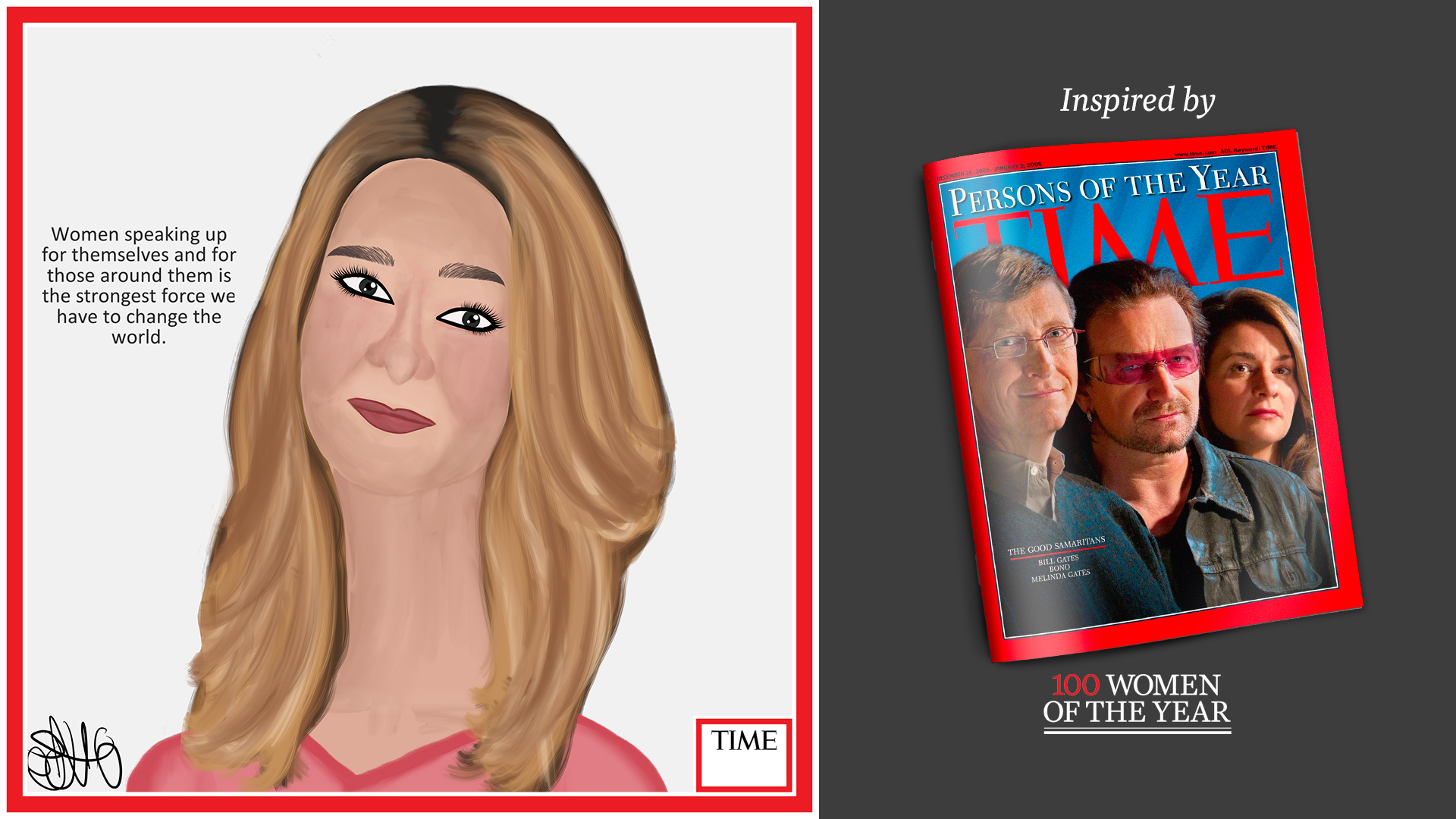 Left: Melinda Gates by Nyla Hayes (red border, custom background) Right: TIME Cover 2005