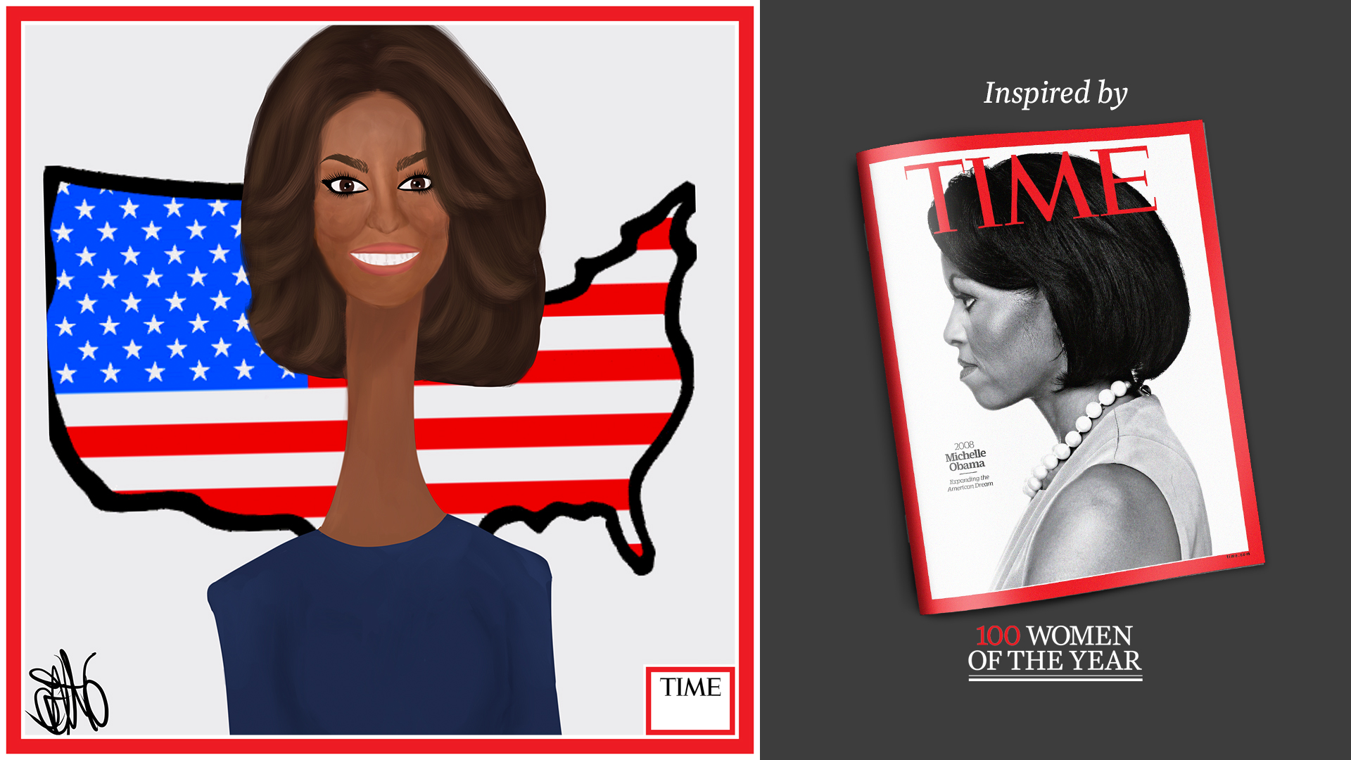Left: Michelle Obama by Nyla Hayes (red border, custom background) Right: TIME Cover 2008
