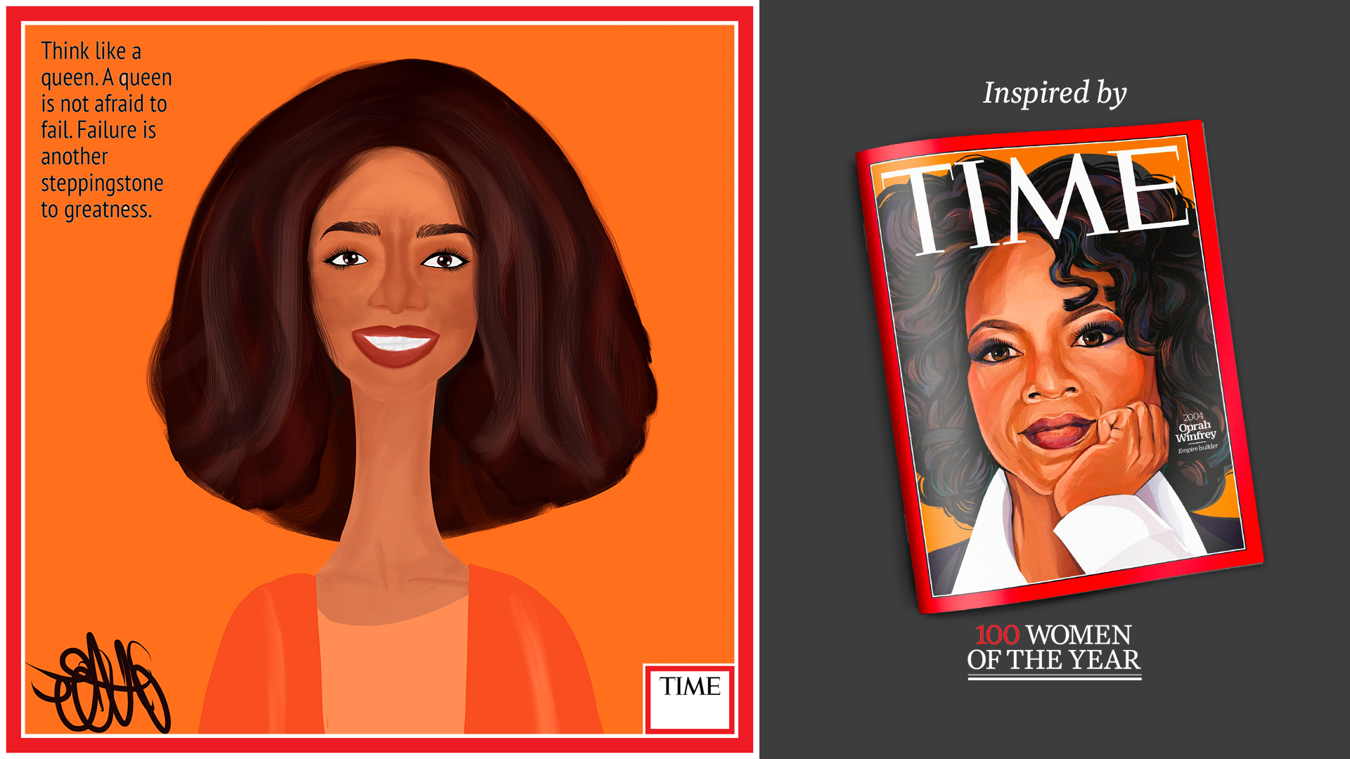Left: Oprah Winfrey by Nyla Hayes (red border, custom background) Right: TIME Cover 2004