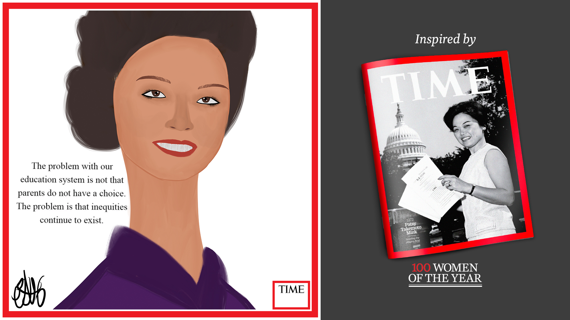 Left: Patsy Takemoto Mink by Nyla Hayes (red border, custom background) Right: TIME Cover 1972