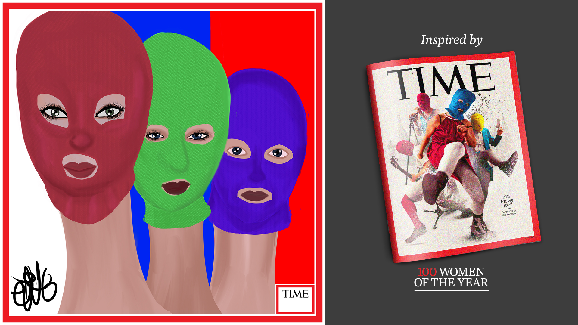 Left: Pussy Riot by Nyla Hayes (red border, custom background) Right: TIME Cover 2012