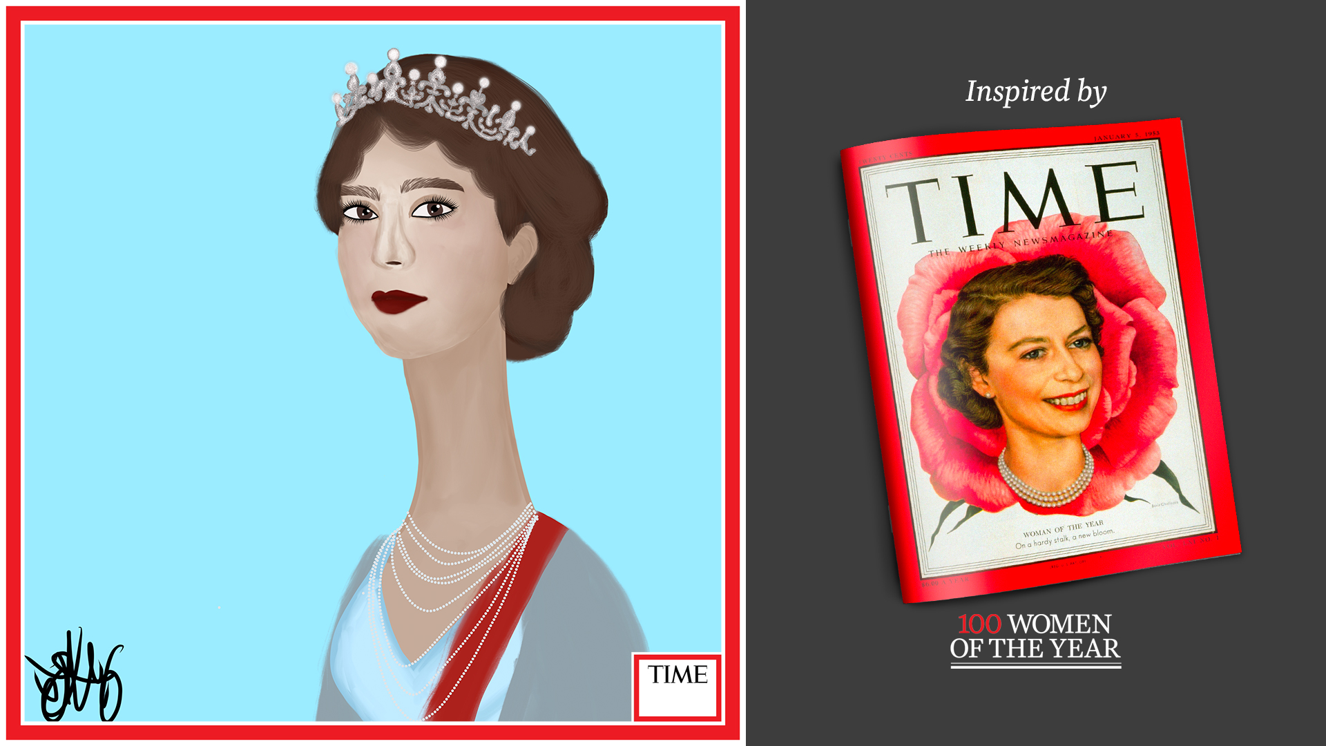 Left: Queen Elizabeth II by Nyla Hayes (red border, custom background) Right: TIME Cover 1952
