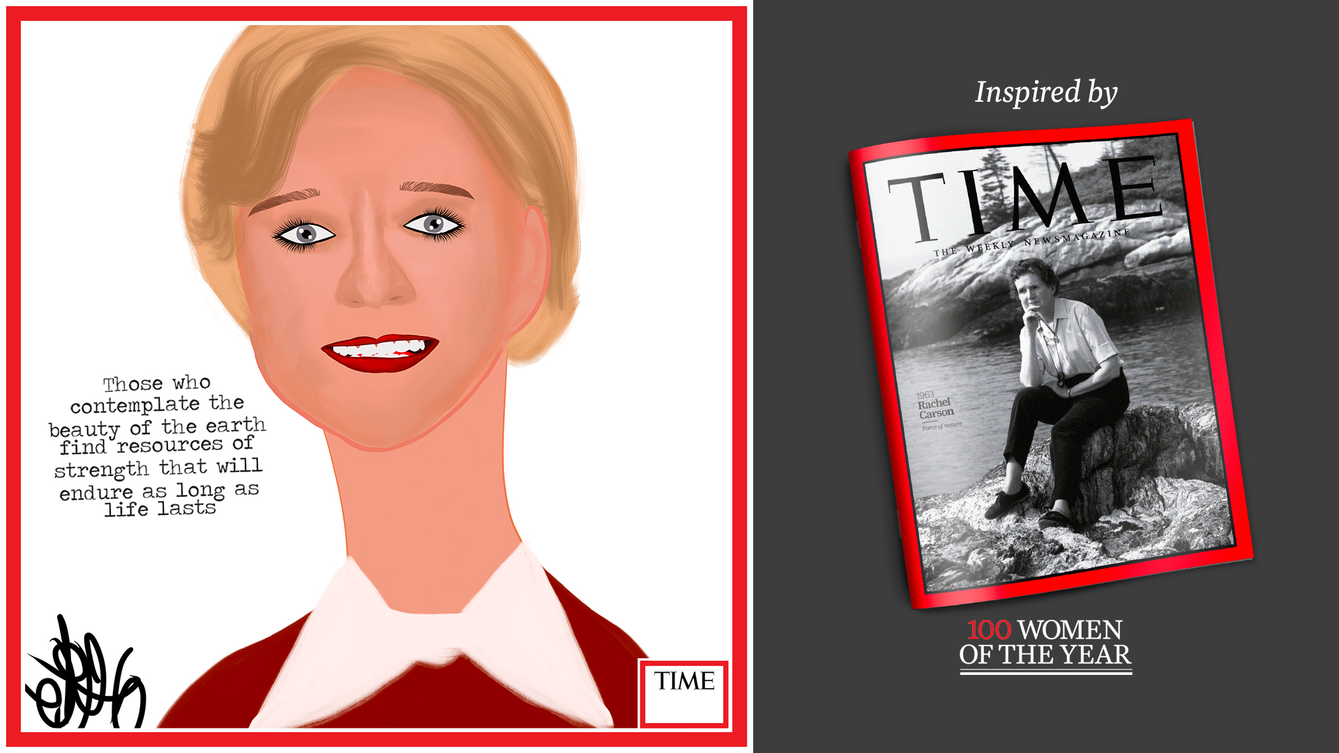 Left: Rachel Carson by Nyla Hayes (red border, custom background) Right: TIME Cover 1963