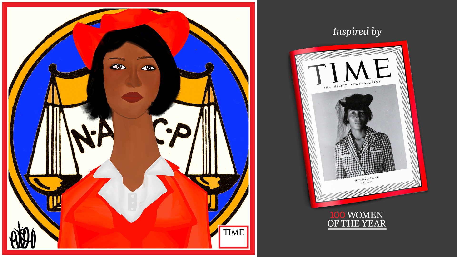 Left: Recy Taylor by Nyla Hayes (red border, custom background) Right: TIME Cover 1944