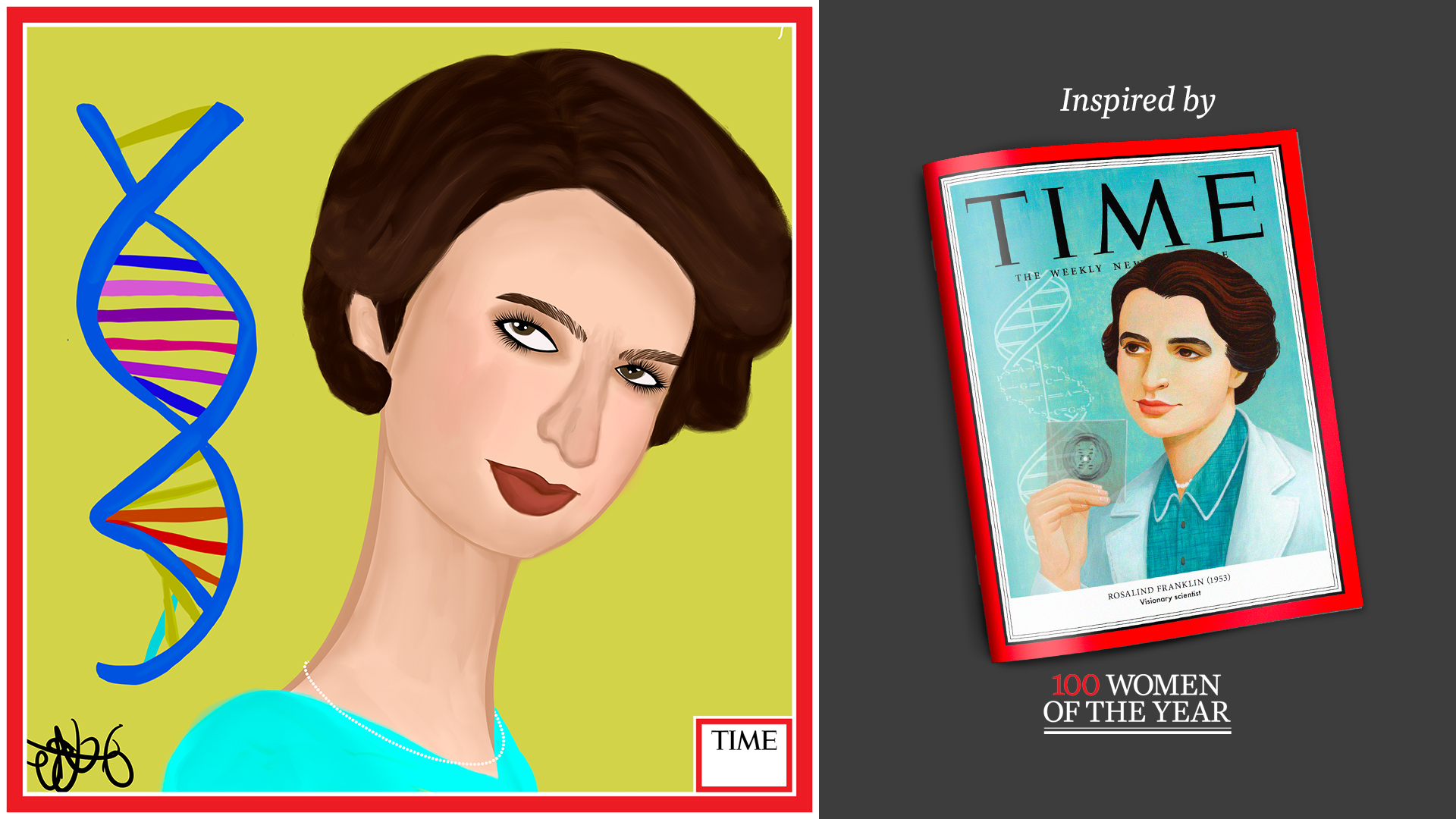 Left: Rosalind Franklin by Nyla Hayes (red border, custom background) Right: TIME Cover 1953
