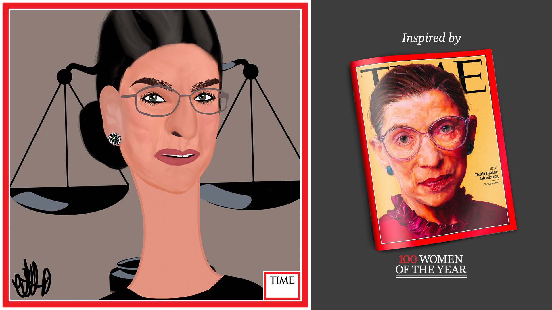 Left: Ruth Bader Ginsberg by Nyla Hayes (red border, custom background) Right: TIME Cover 1996