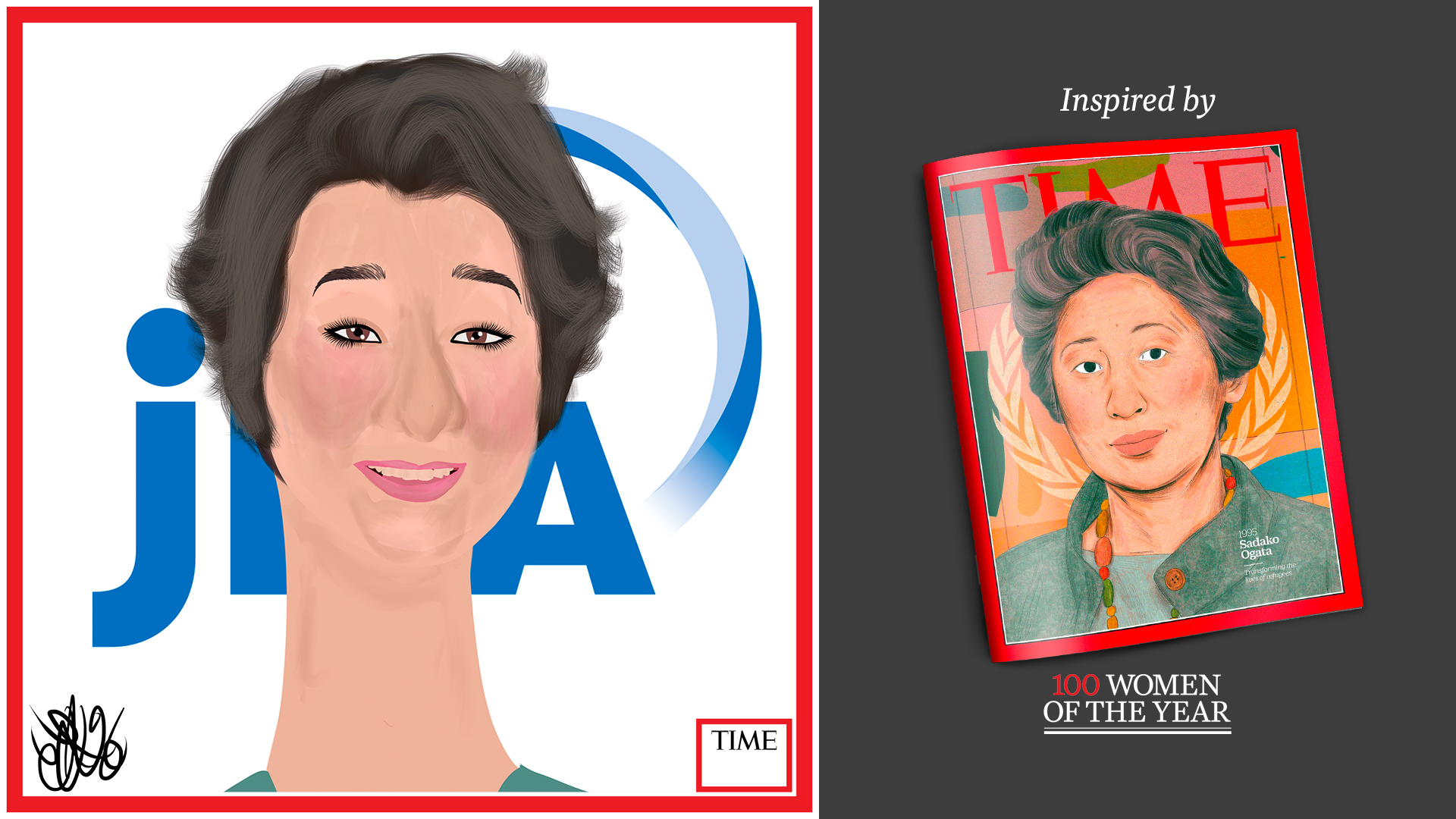 Left: Sadako Ogata by Nyla Hayes (red border, custom background) Right: TIME Cover 1995