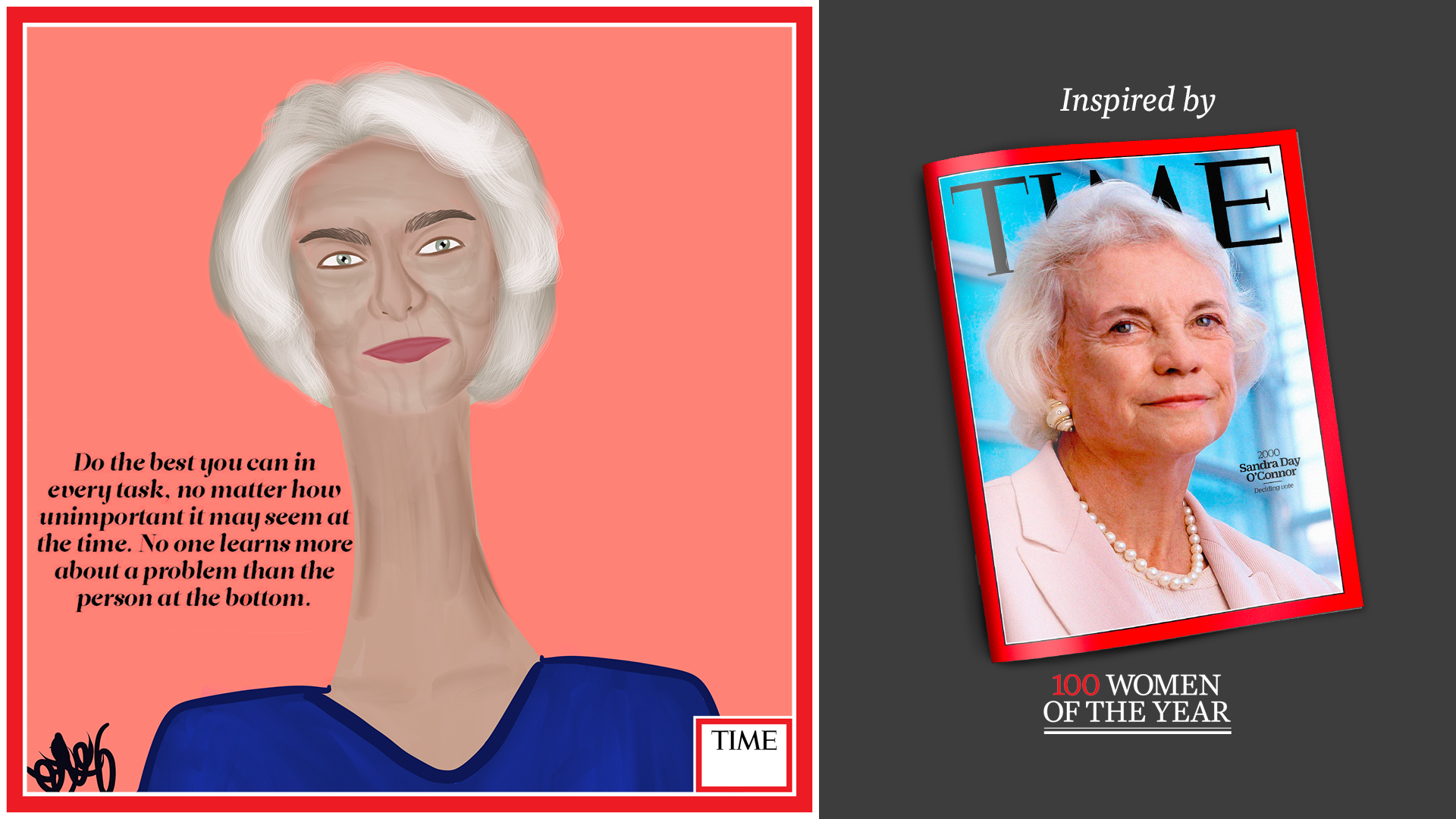 Left: Sandra Day O'Connor by Nyla Hayes (red border, custom background) Right: TIME Cover 2000