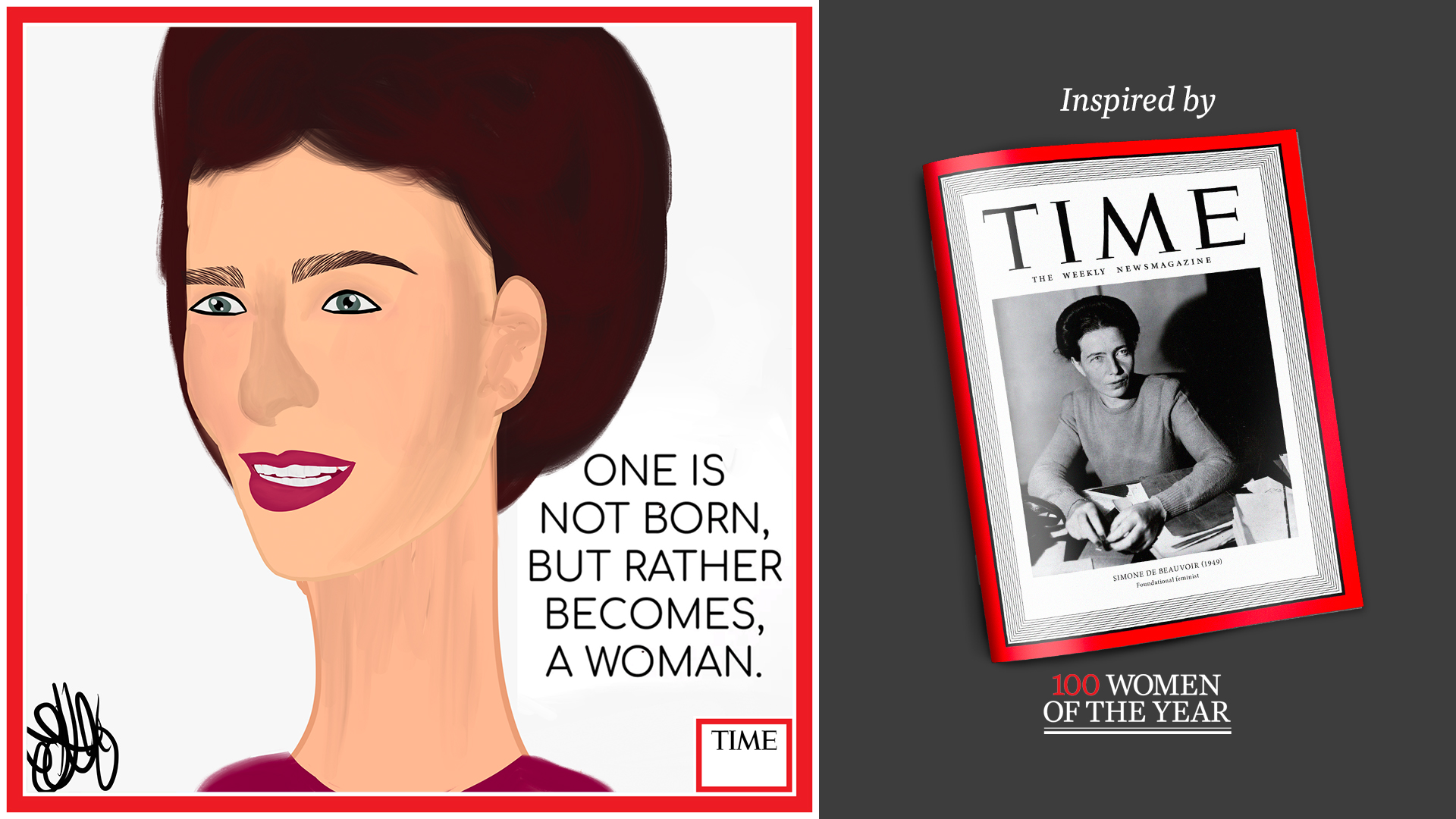Left: Simone de Beauvior by Nyla Hayes (red border, custom background) Right: TIME Cover 1949