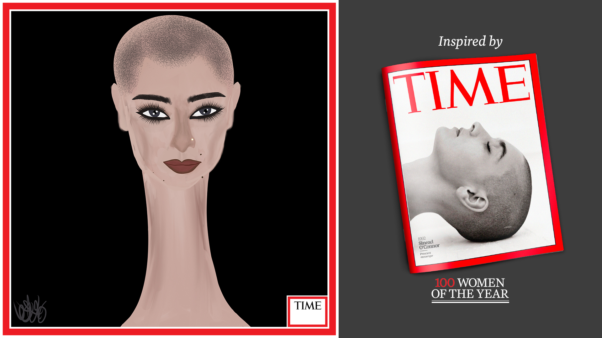 Left: Sinead O'Connor by Nyla Hayes (red border, custom background) Right: TIME Cover 1992