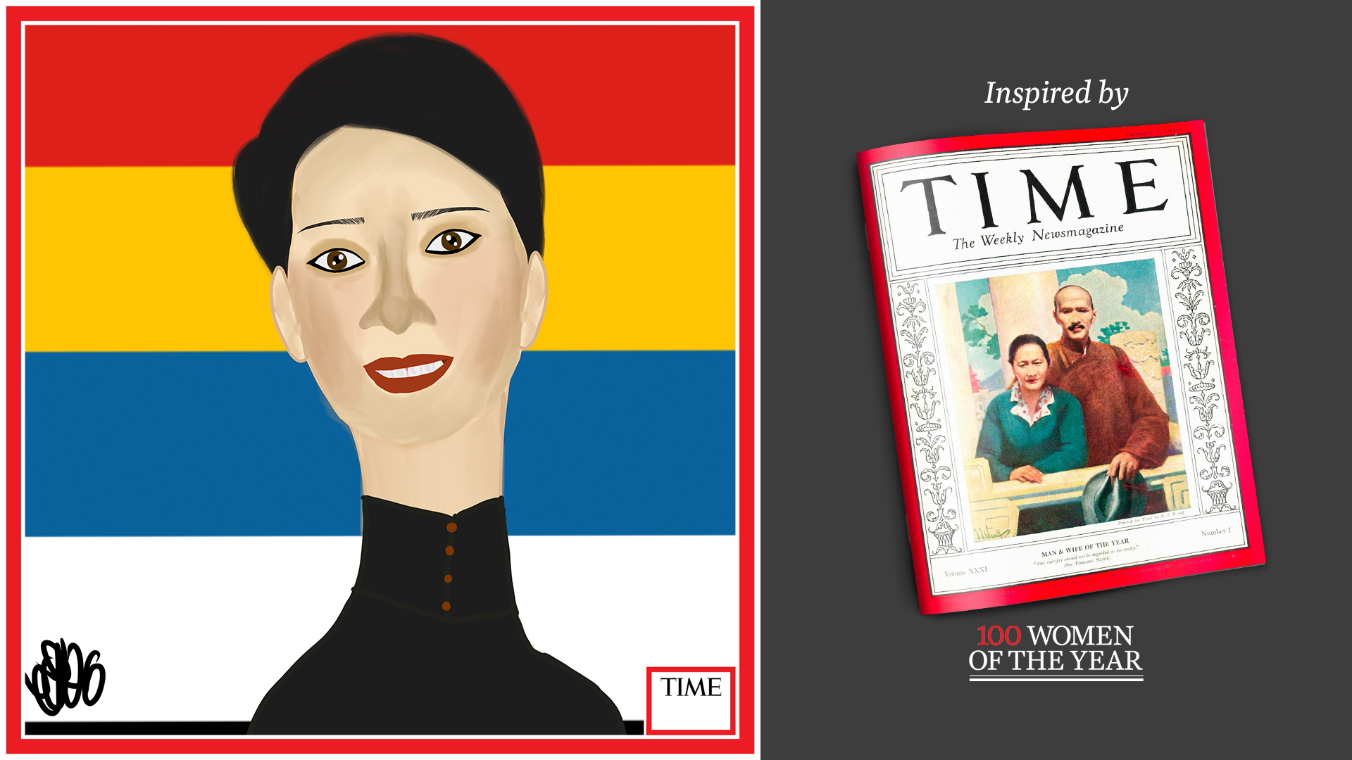 Left: Soong Mei-Ling by Nyla Hayes (red border, custom background) Right: TIME Cover 1937