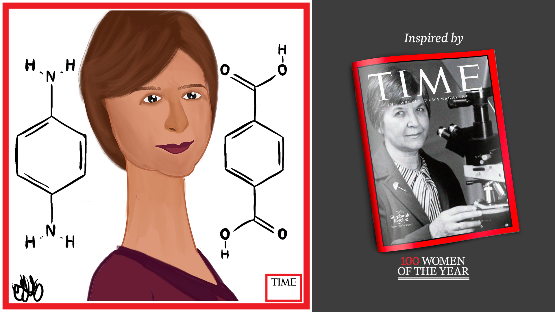 Left: Stephanie Kwolek by Nyla Hayes (red border, custom background) Right: TIME Cover 1966