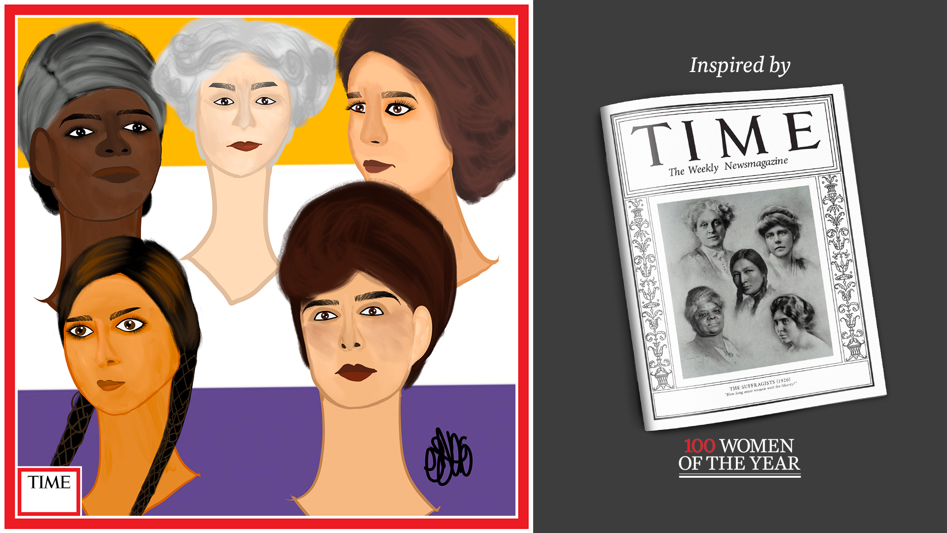Left: The Suffragists by Nyla Hayes (red border, custom background) Right: TIME Cover 1920