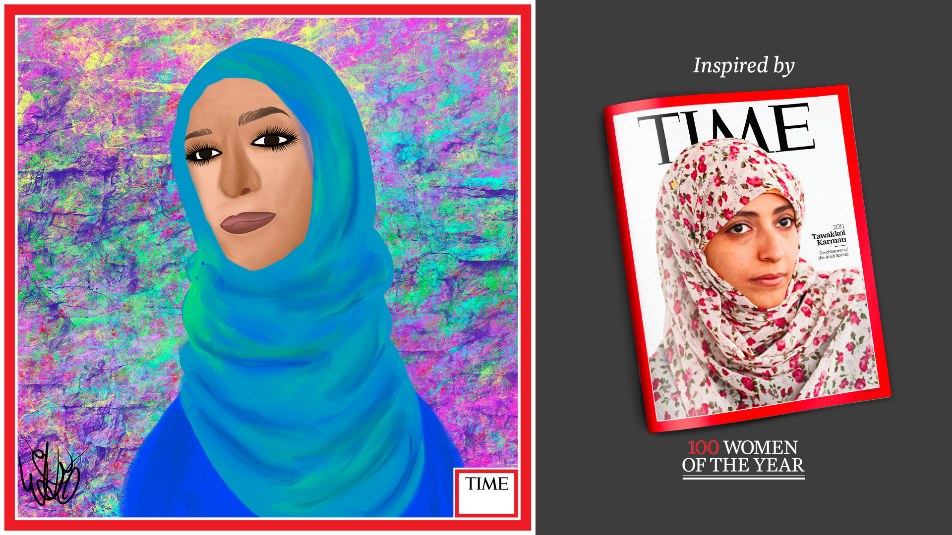 Left: Tawakkol Karman by Nyla Hayes (red border, custom background) Right: TIME Cover 2011