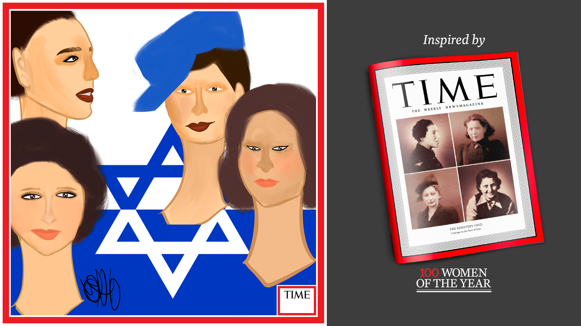 Left: The Resisters by Nyla Hayes (red border, custom background) Right: TIME Cover 1942