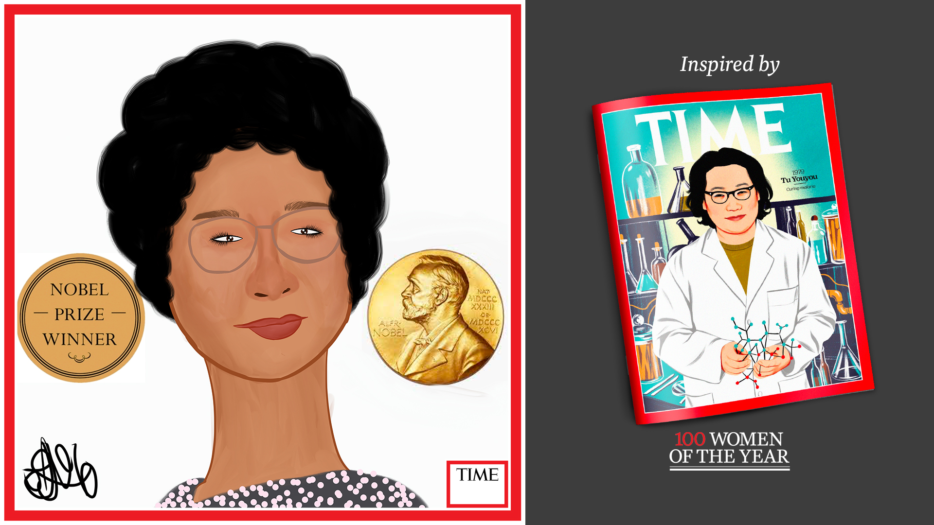 Left: Tu Youyou by Nyla Hayes (red border, custom background) Right: TIME Cover 1979