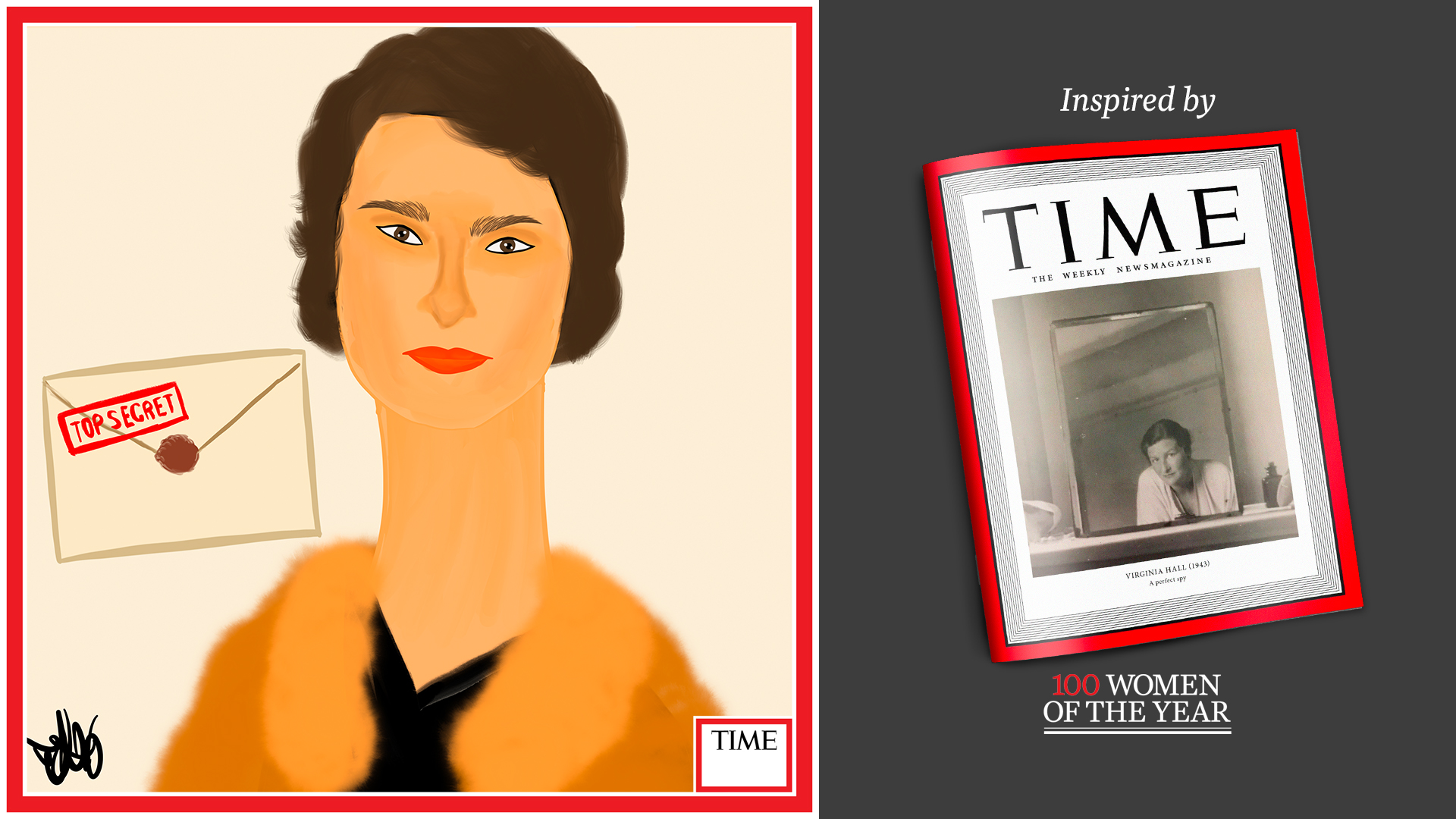 Left: Virginia Hall by Nyla Hayes (red border, custom background) Right: TIME Cover 1943