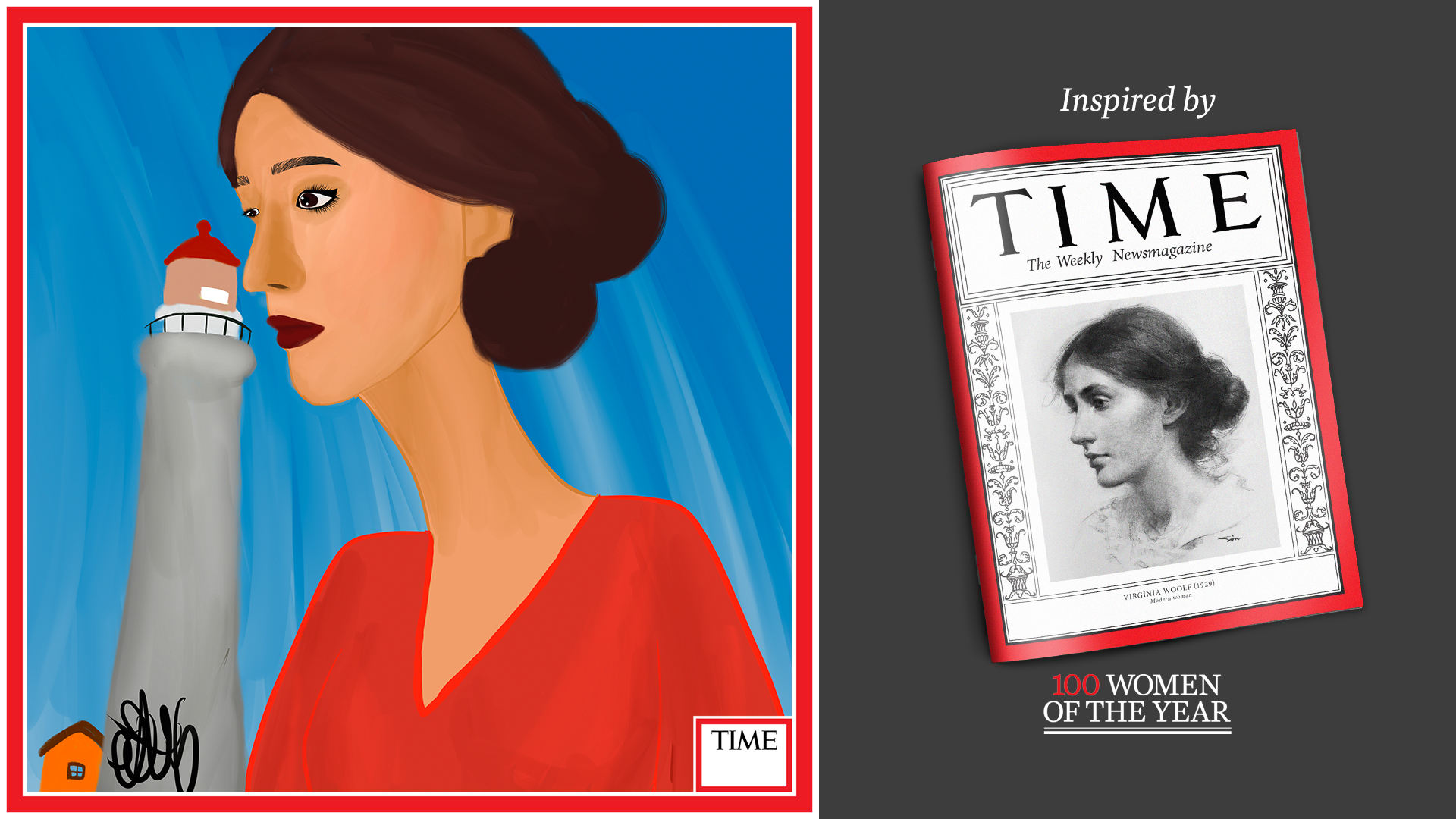 Left: Virginia Woolf by Nyla Hayes (red border, custom background) Right: TIME Cover 1929