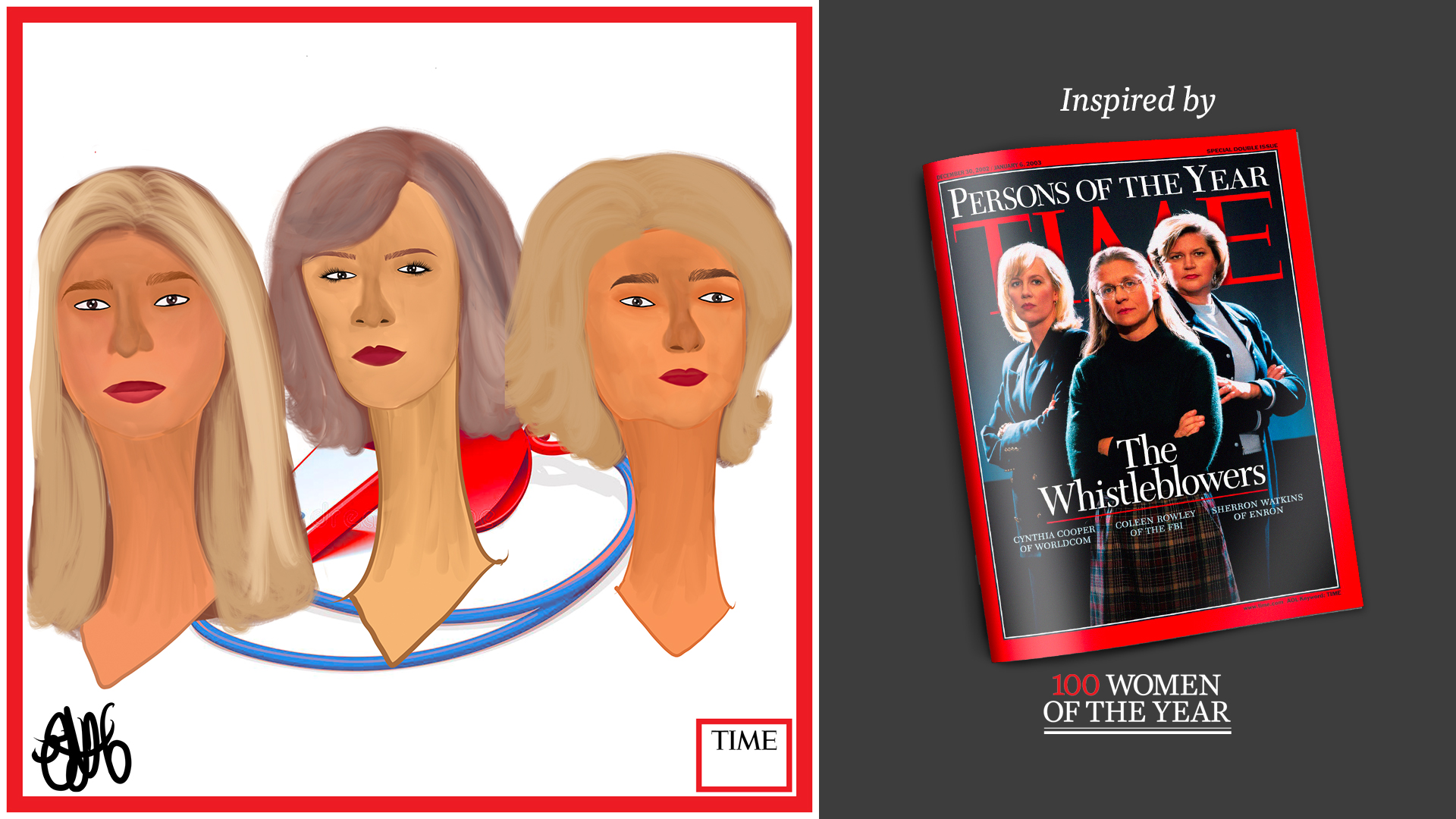 Left: The Whistleblowers by Nyla Hayes (red border, custom background) Right: TIME Cover 2002