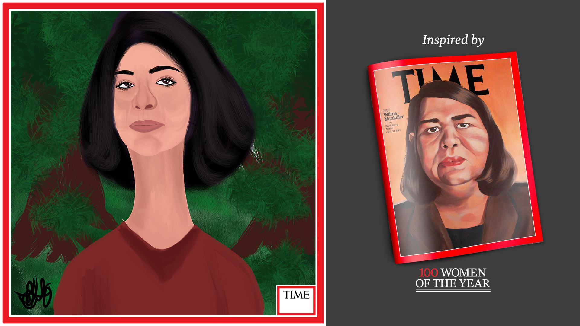 Left: Wilma Mankiller by Nyla Hayes (red border, custom background) Right: TIME Cover 1985