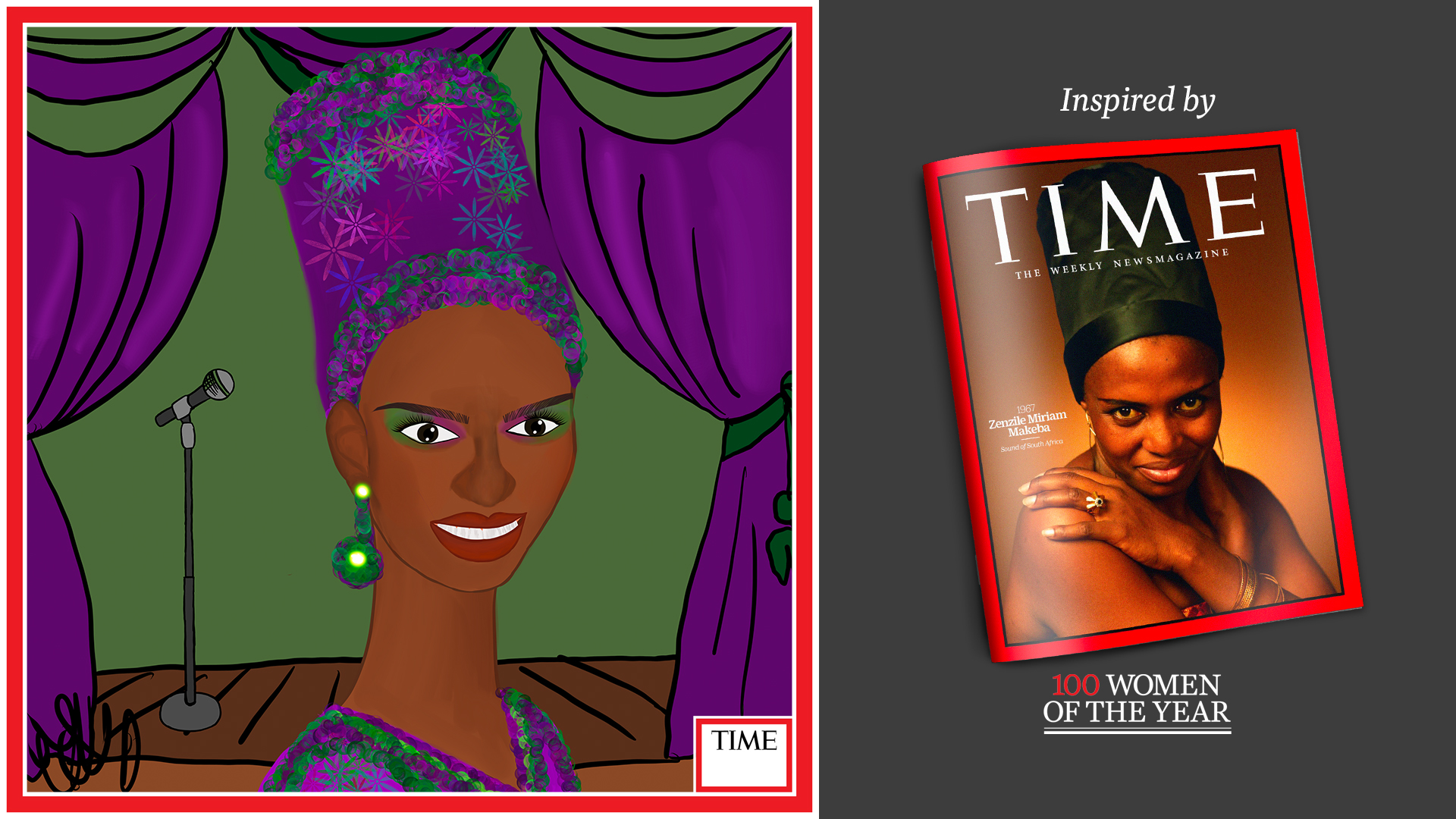 Left: Zenzile Miriam Makeba by Nyla Hayes (red border, custom background) Right: TIME Cover 1967