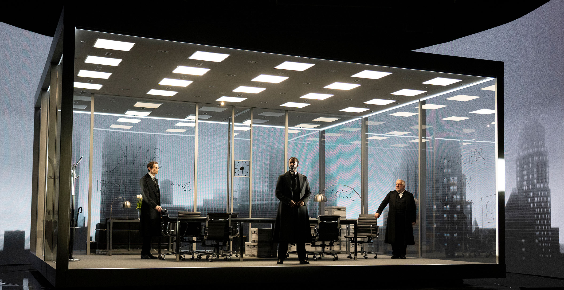 From left, Adam Godley, Adrian Lester and Simon Russell Beale in "The Lehman Trilogy," at the Nederlander Theater in New York on Sept. 24, 2021. (Sara Krulwich/The New York Times)