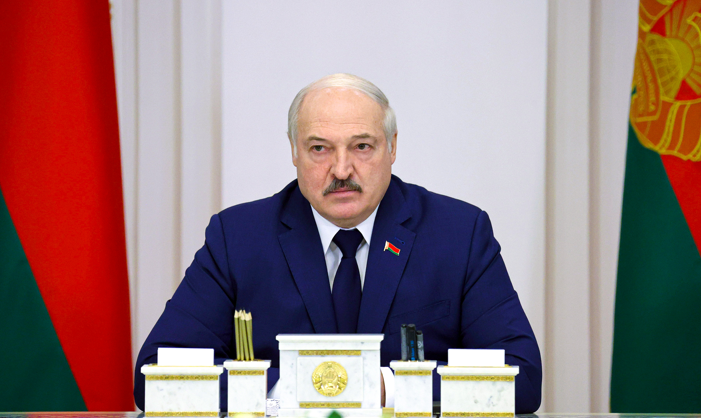 Belarusian President Alexander Lukashenko speaks during a cabinet meeting in Minsk on Nov. 11. Lukashenko on Thursday called the Russian bomber flights a necessary response to the tensions on the Belarus-Poland border. (Nikolay Petrov—Pool/BelTA/AP)