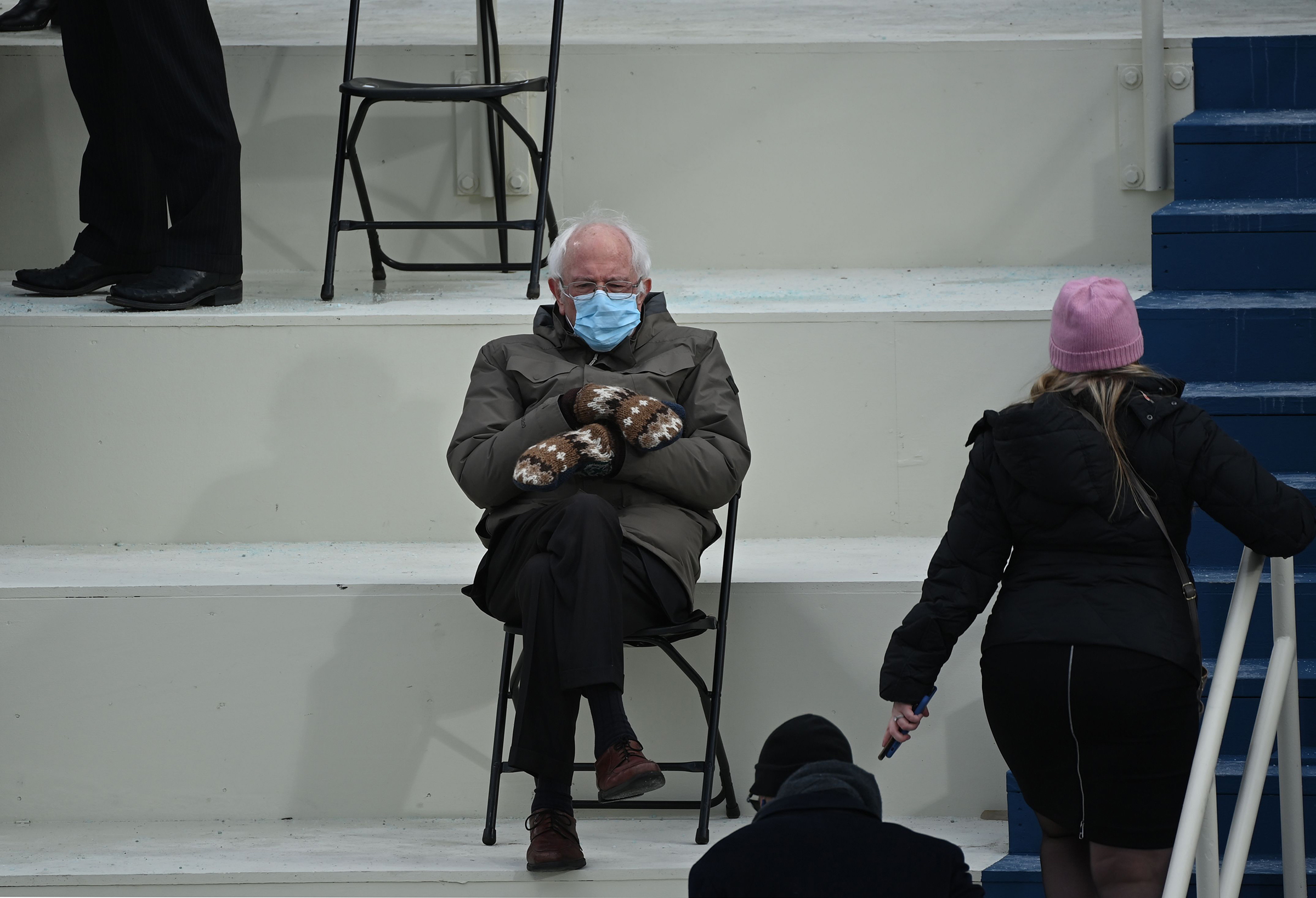 Sen. Bernie Sanders of Vermont sits crossed-legged on a socially distanced folding chair in the bleachers before Joe Biden is sworn in as the 46th U.S. President in Washington, D.C., on Jan. 20, 2021. The photograph became an instant meme. As one Twitter user, media professional Ashley K. Smalls, wrote: "This could've been an email."