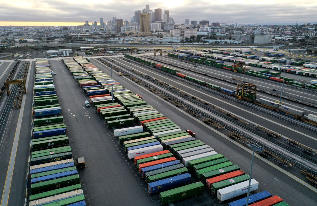 Shipping containers sit on chassis in a rail yard in Los Angeles, California. (Mario Tama/Getty Images)