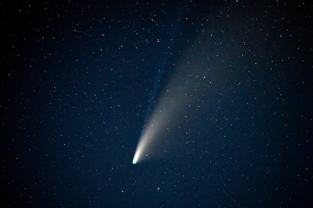 The Comet NEOWISE or C/2020 F3, with its two tails visible, is seen in the sky above Goldfield, Nevada on July 18, 2020. (David Becker—AFP/Getty Images)