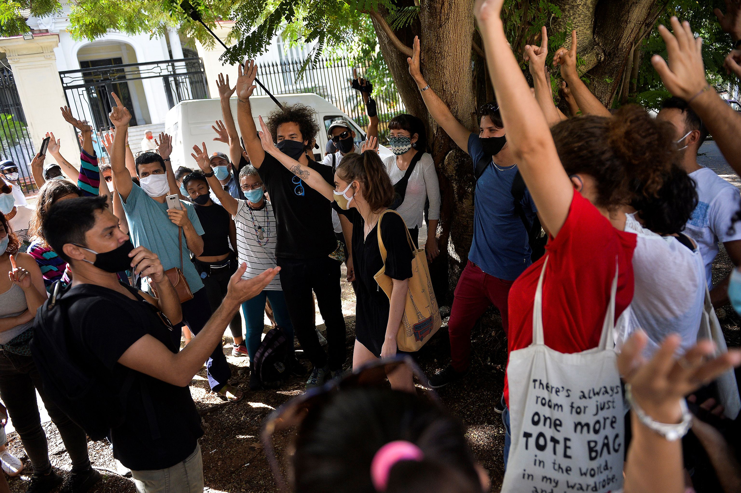A group of young intellectuals and artists demonstrate at the doors of the Ministry of Culture during a protest in Havana in November 2020. Some two hundred young artists are calling for "a dialogue" with the Ministry of Culture in Havana after the police broke up a 10-day protest by the San Isidro Movement (MSI) claiming the risk of epidemiological contagion. (Yamil Lage—AFP/Getty Images)