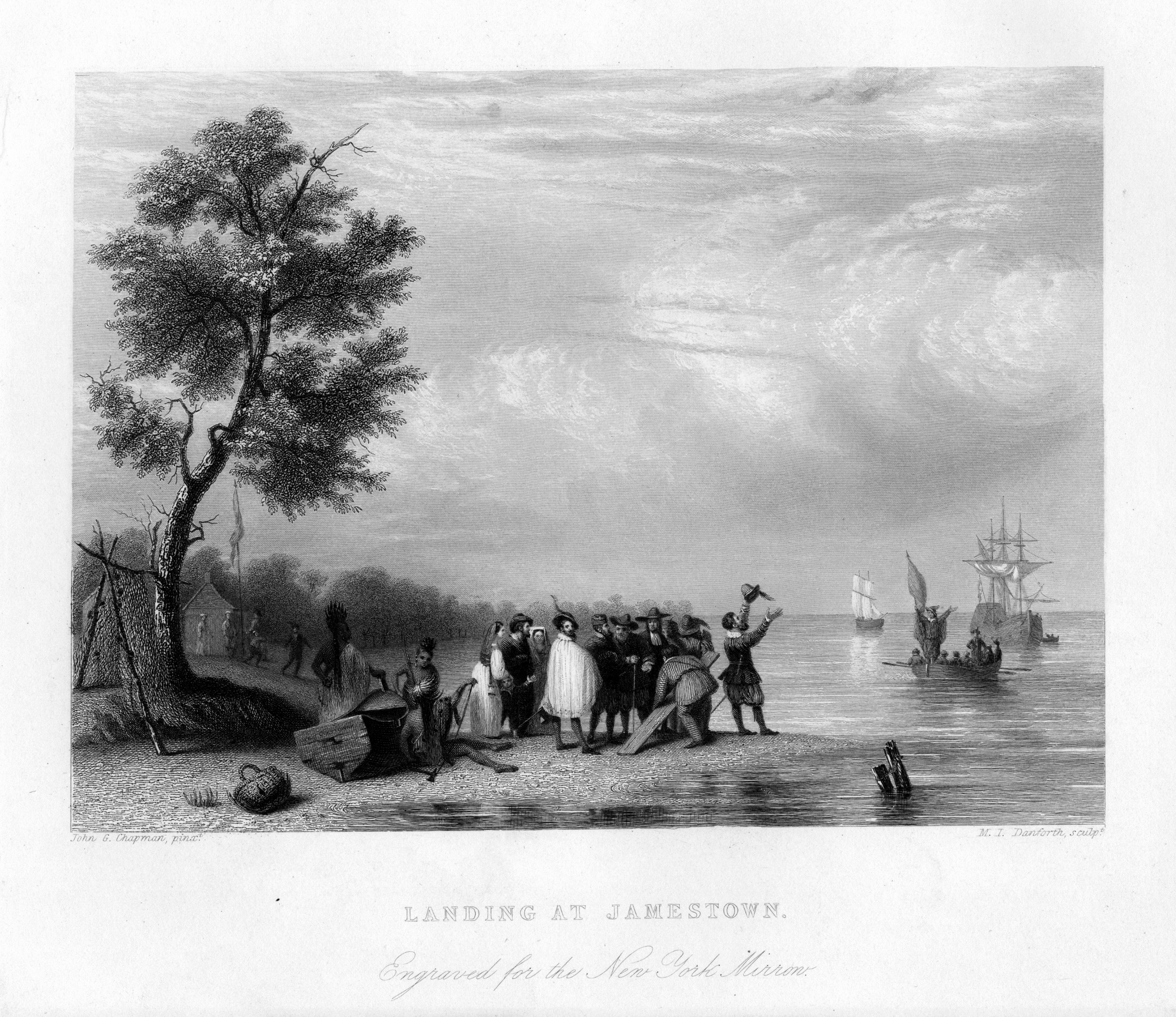 From the New York Public Library, an engraving from a painting depicting members of the Virginia Company of landing at Jamestown. Their larger ships can be seen anchored off of the coast while smaller boats are being used to bring men ashore; American Indians are assisting the men that are gathered on the shore. (Smith Collection/Gado/Getty Images)