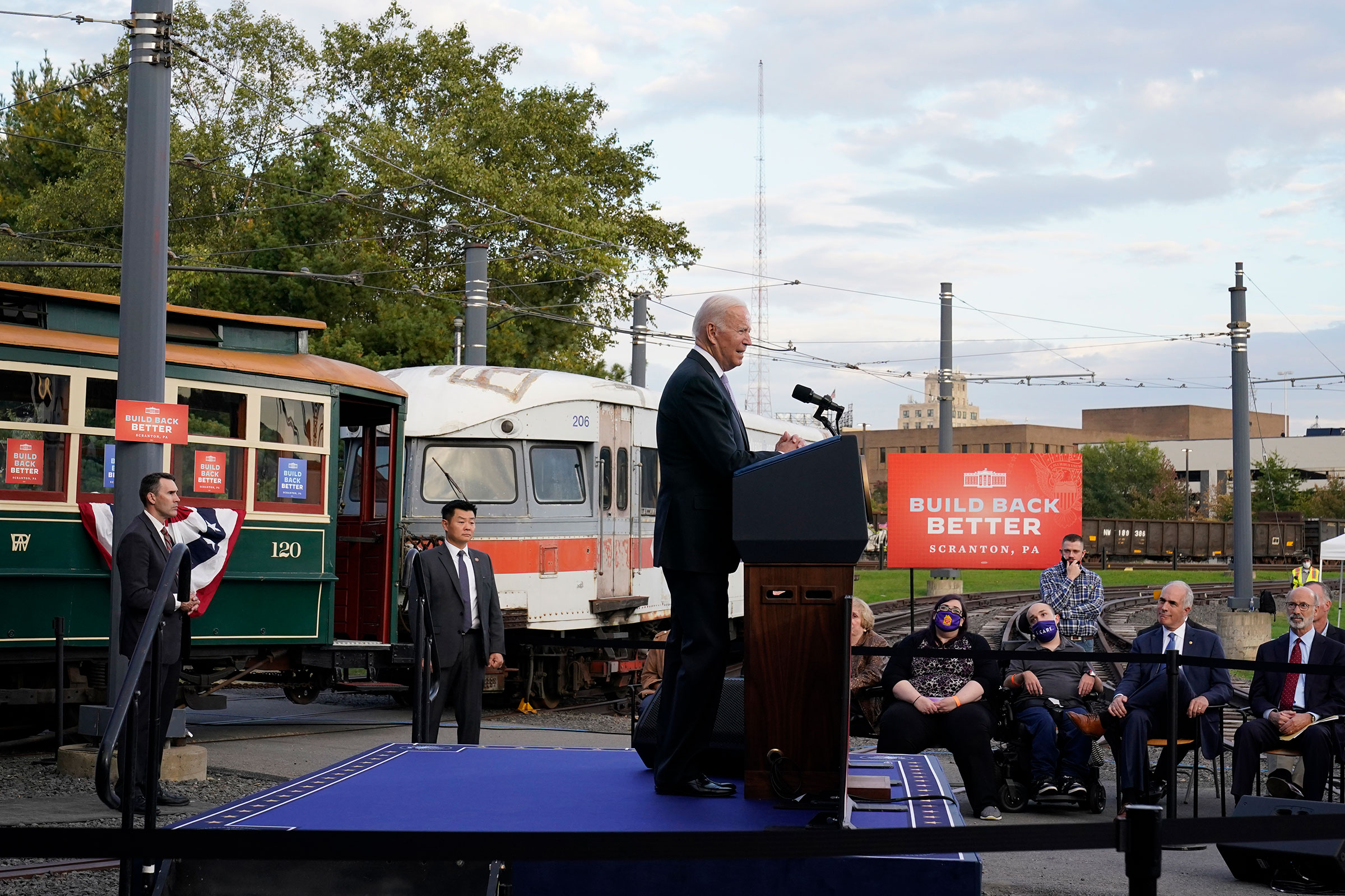 President Joe Biden speaks about his infrastructure plan and his domestic agenda during a visit to the Electric City Trolley Museum in Scranton, Pa., on Oct. 20, 2021. (Susan Walsh—AP)