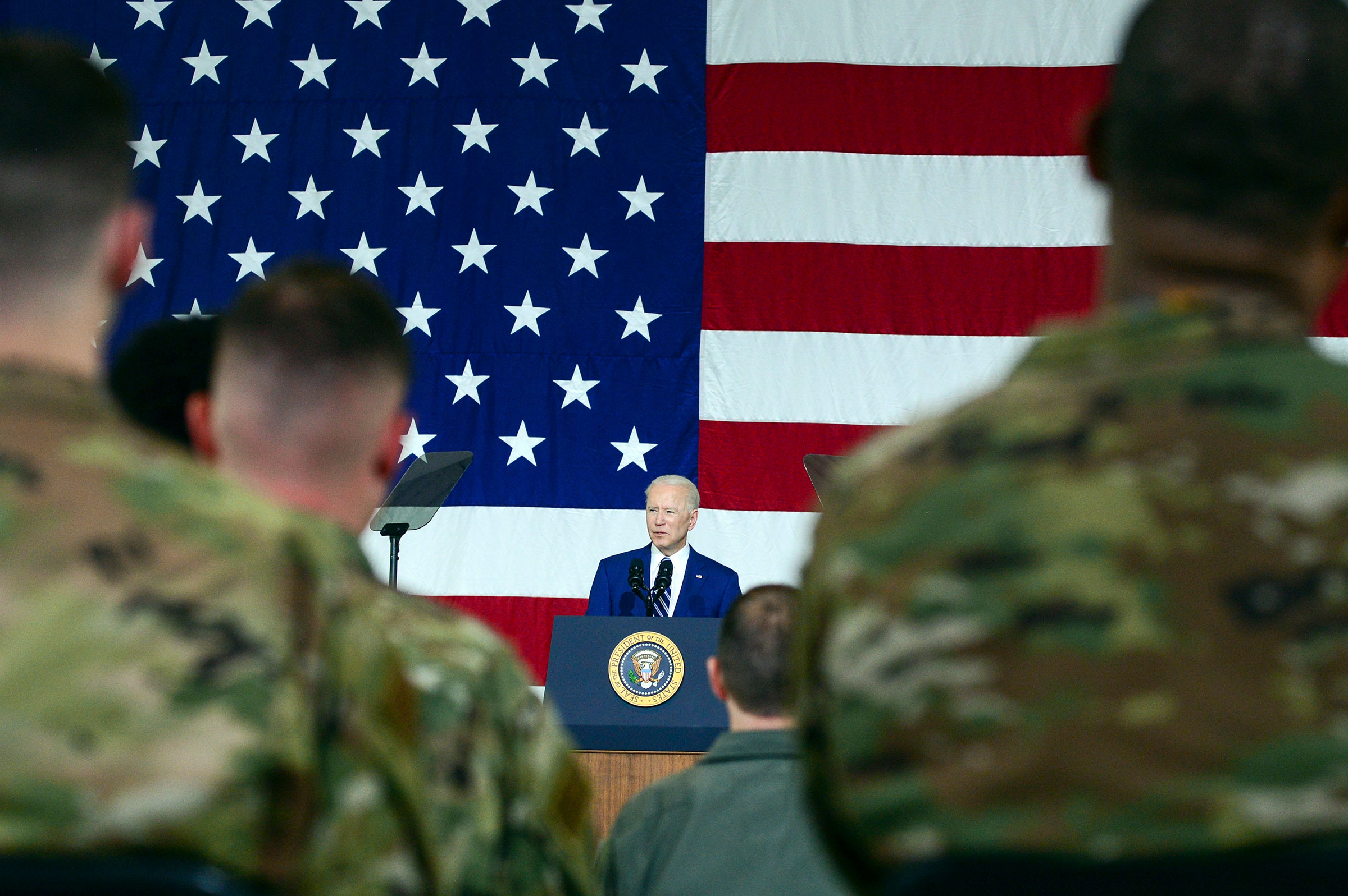 President Joe Biden addresses service members  at Joint Base Langley-Eustis in Hampton, Va. on May 28, 2021. (Kenny Holston—The New York Times/Redux)