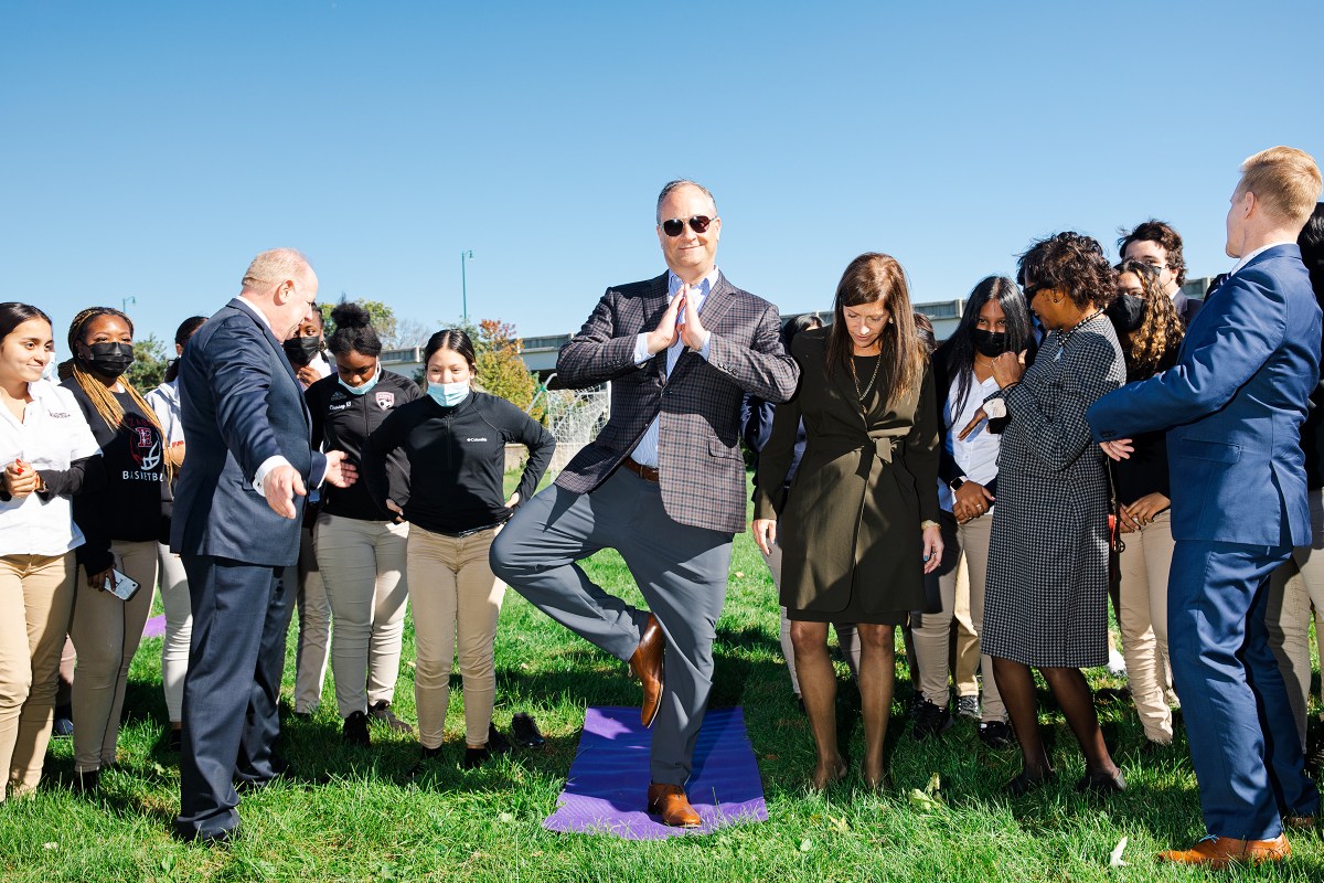 Second Gentleman Doug Emhoff, the husband of Vice President Kamala Harris, practices his tree pose with a yoga class during a visit to New Jersey on Oct.Â 19.