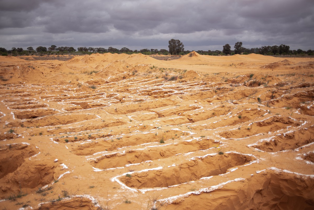 Rows of holes are seen at a mass grave on the eight-acre Harouda family farm in Tarhuna, Libya, on March 24. Hundreds were killed in recent years by a militia loyal to Libyan warlord Khalifa Haftar that used the town as a staging ground for an ultimately failed offensive to gain control of Tripoli.