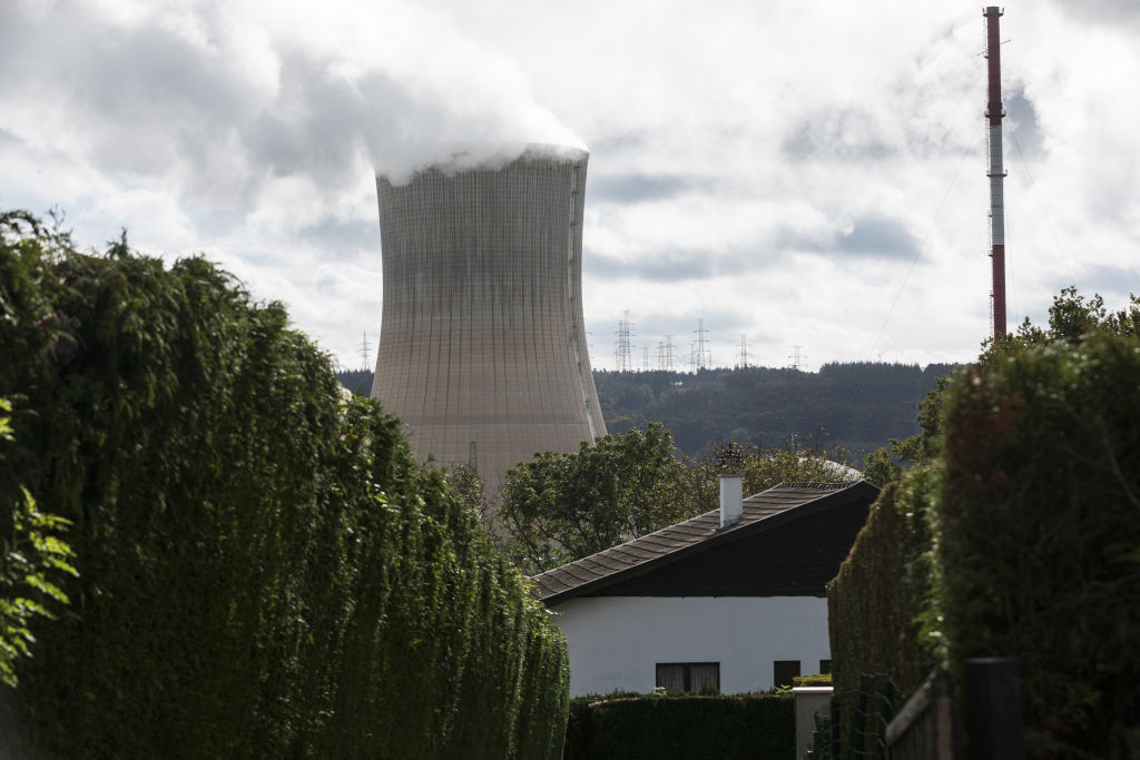 A cooling tower at the Tihange nuclear power station in Huy, Belgium, on Oct. 26, 2021. Belgium has elected to phase out nuclear power by 2025. (Thierry Monasse—Bloomberg/Getty Images)