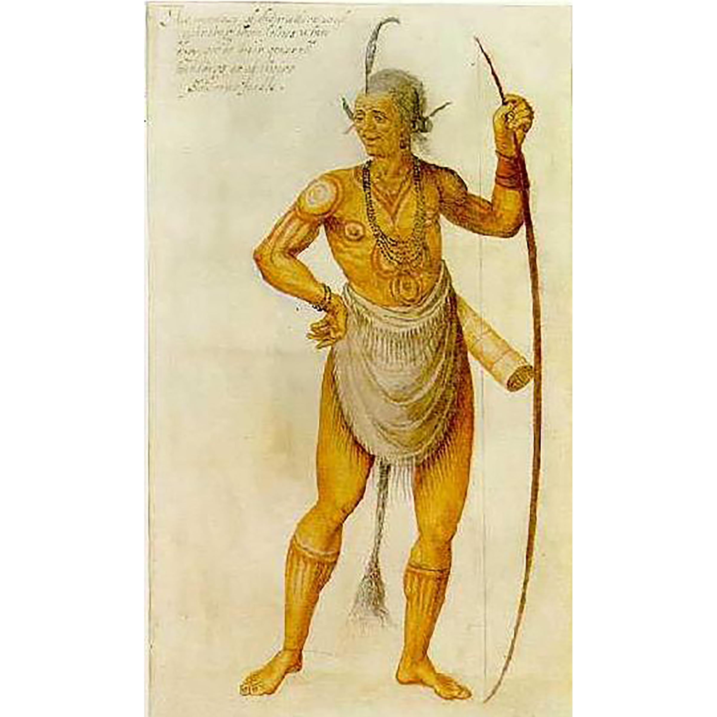 A 16th century painting of a Chesapeake Bay warrior by John White; this painting was adapted to represent Opechancanough in John Smith's "General History of Virginia" (1624). (Public Domain)