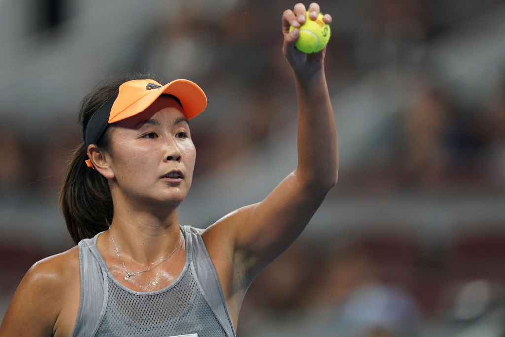Peng Shuai of China in action against Daria Kasatkina of Russia during women's singles first round match 2019 China Open on Sept. 28, 2019 in Beijing, China. (Fred Lee/Getty Images)