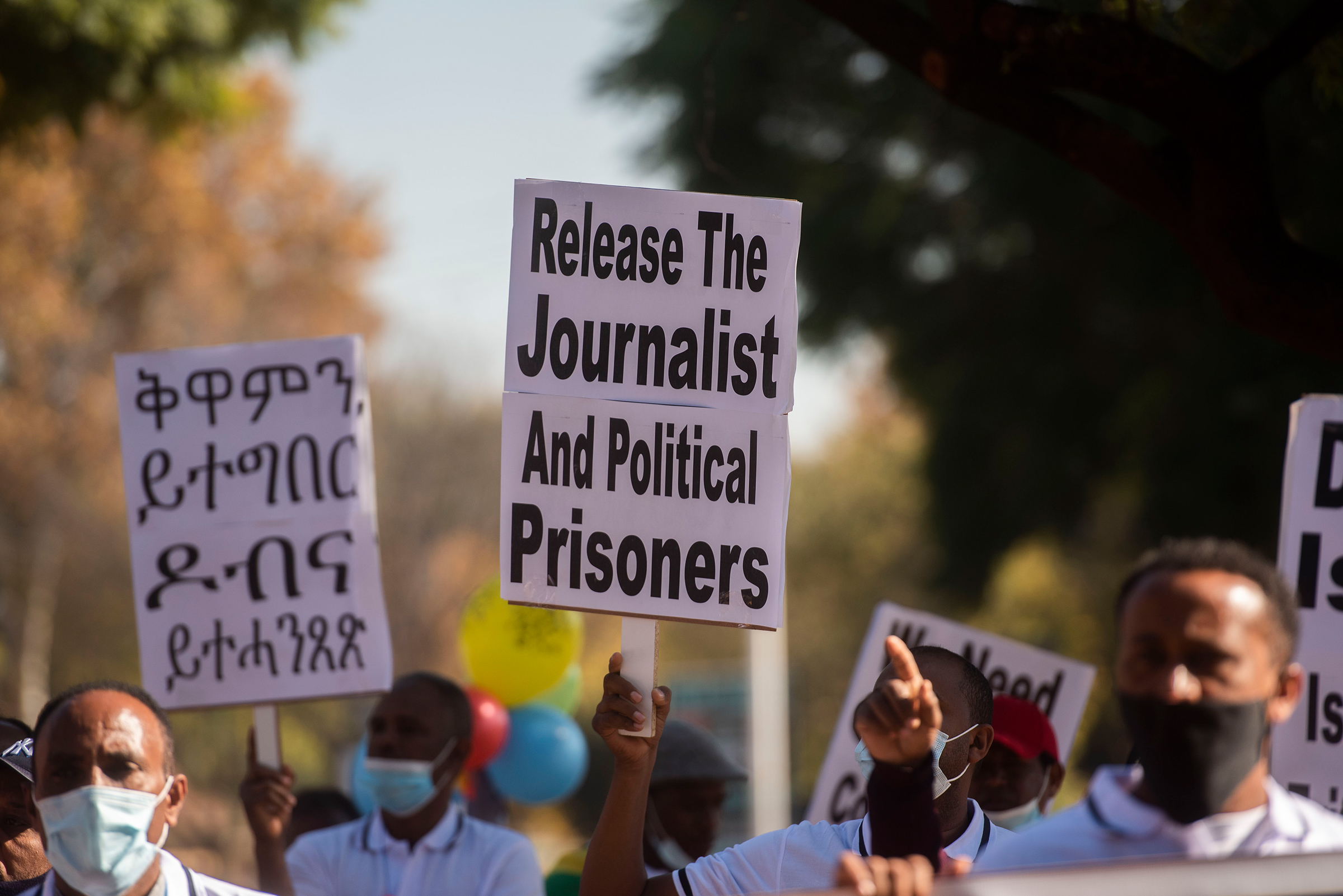 Protestors call for Eritrean soldiers to withdraw from Tigray and the release of journalists and political prisoners outside the Eritrean Embassy in Pretoria, South Africa, on May 28, 2021. (Alet Pretorius—Gallo Images/Getty Images)