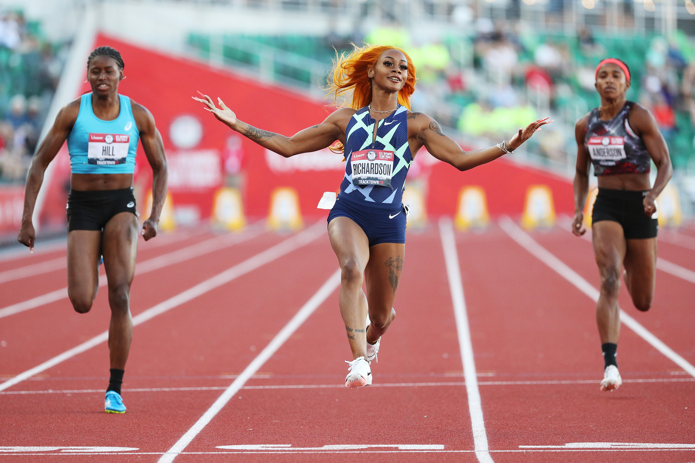 Sha’Carri Richardson won her 100m heat at the U.S. Olympic trials in Eugene, Ore., on June 18; she also took the final but missed Tokyo after testing positive for THC. (Steph Chambers—Getty Images)