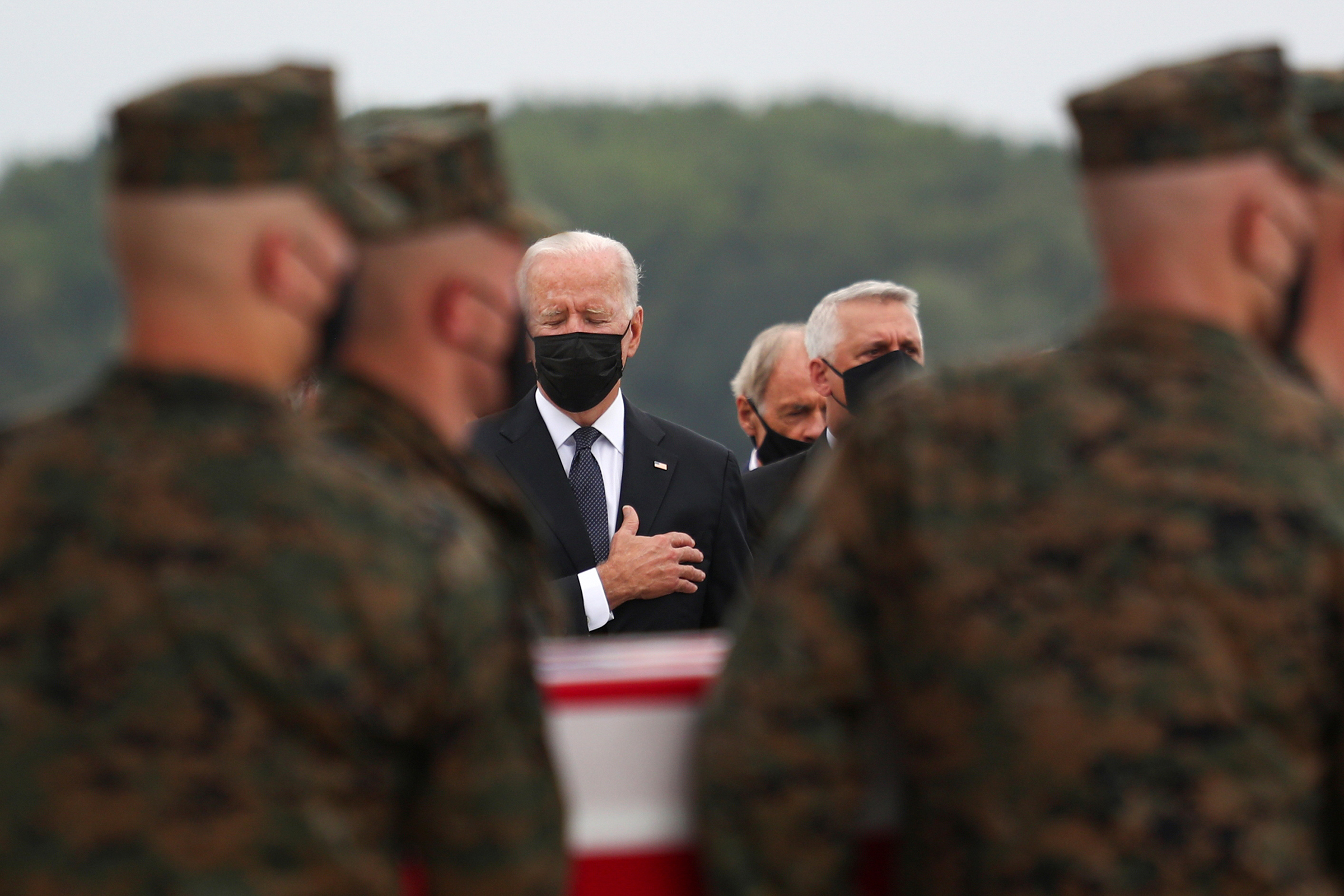 President Joe Biden during the dignified transfer of the remains of American service members, who were killed in a suicide bombing days earlier in Kabul, at Dover Air Force Base in Delaware on Aug. 29.