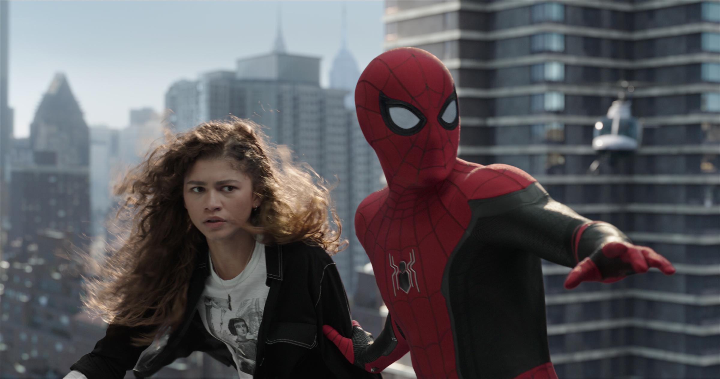 MJ (Zendaya) prepares to freefall with Spider-man in Columbia Pictures' SPIDER-MAN: NO WAY HOME.