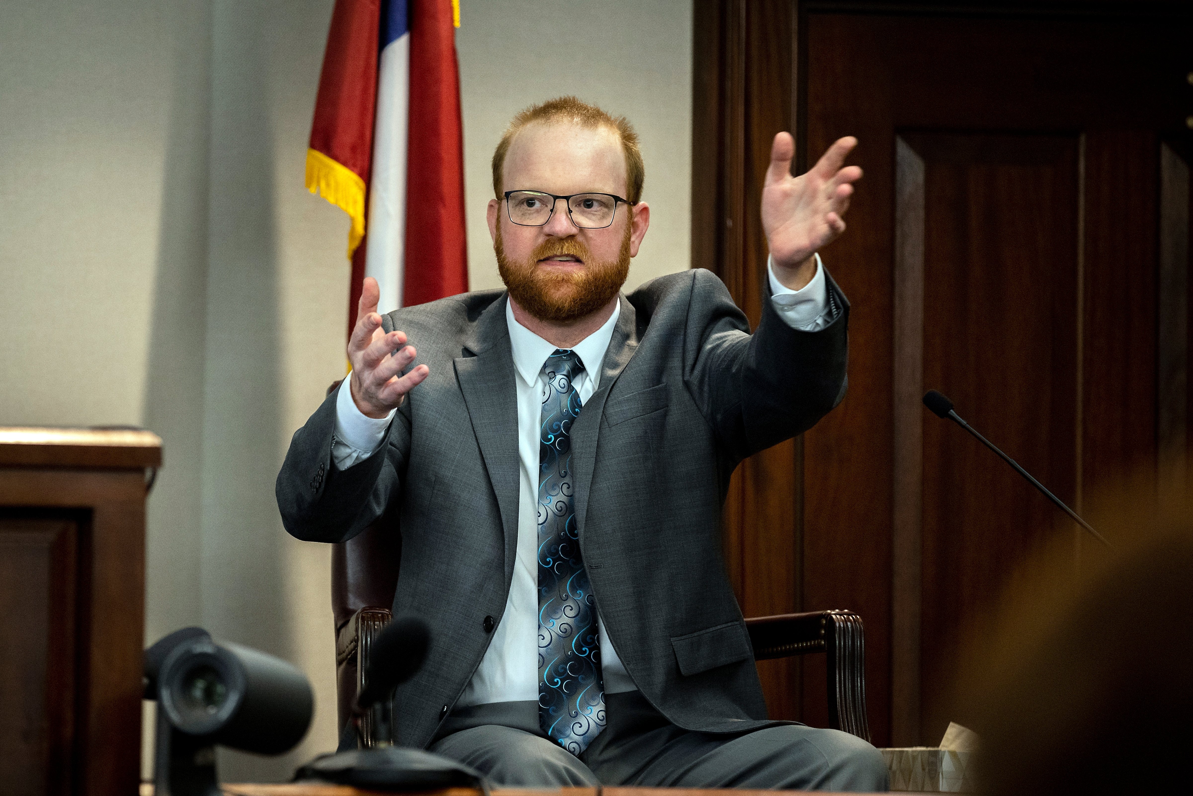 Travis McMichael speaks from the witness stand during his murder trial in the shooting death of Ahmaud Arbery, on Nov. 17, 2021, in Brunswick, Georgia. (Stephen B. Morton—AP/Pool)