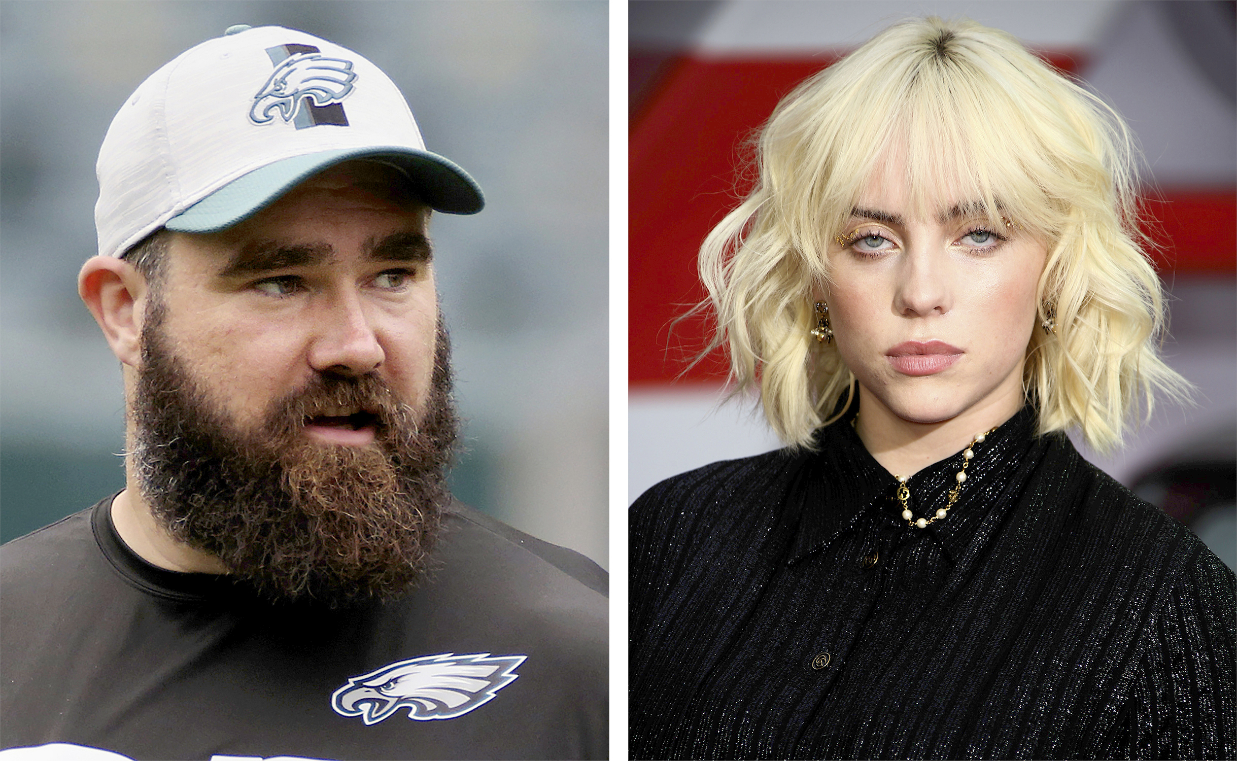 Philadelphia Eagles' Jason Kelce, left, and singer-songwriter Billie Eilish have something in common: broadcasters have difficulty pronouncing their names (Tim Tai/The Philadelphia Inquirer via AP, Pool, Joel C Ryan/Invision/AP)