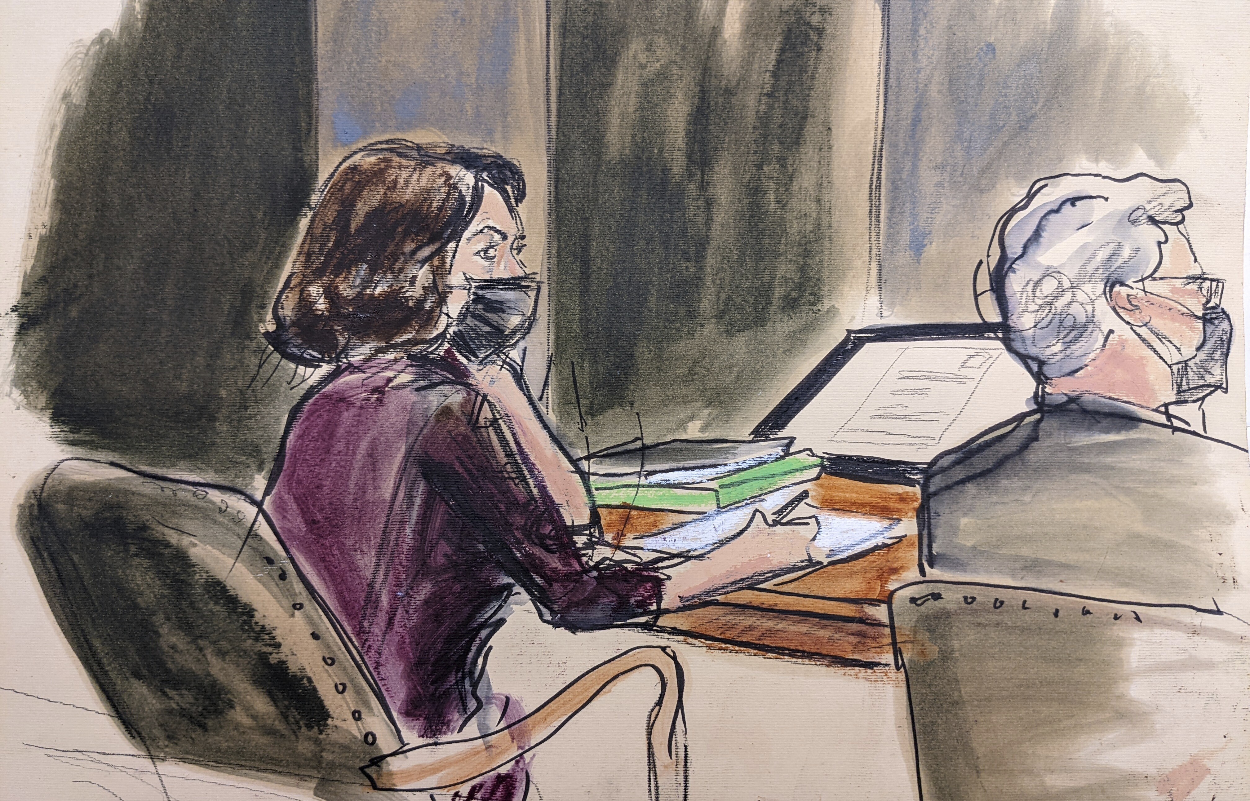 In this courtroom sketch, Ghislaine Maxwell, left, sits at the defense table with defense attorney Jeffrey Pagliuca while listening to testimony in her sex abuse trial on Dec. 16, 2021, in New York. (Elizabeth Williams—AP)
