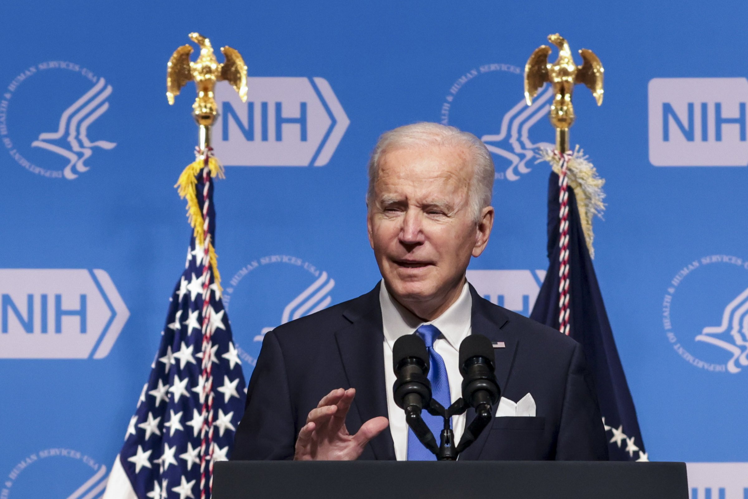 President Joe Biden speaks while visiting the National Institutes of Health (NIH) in Bethesda, Maryland, U.S., on Dec. 2, 2021.